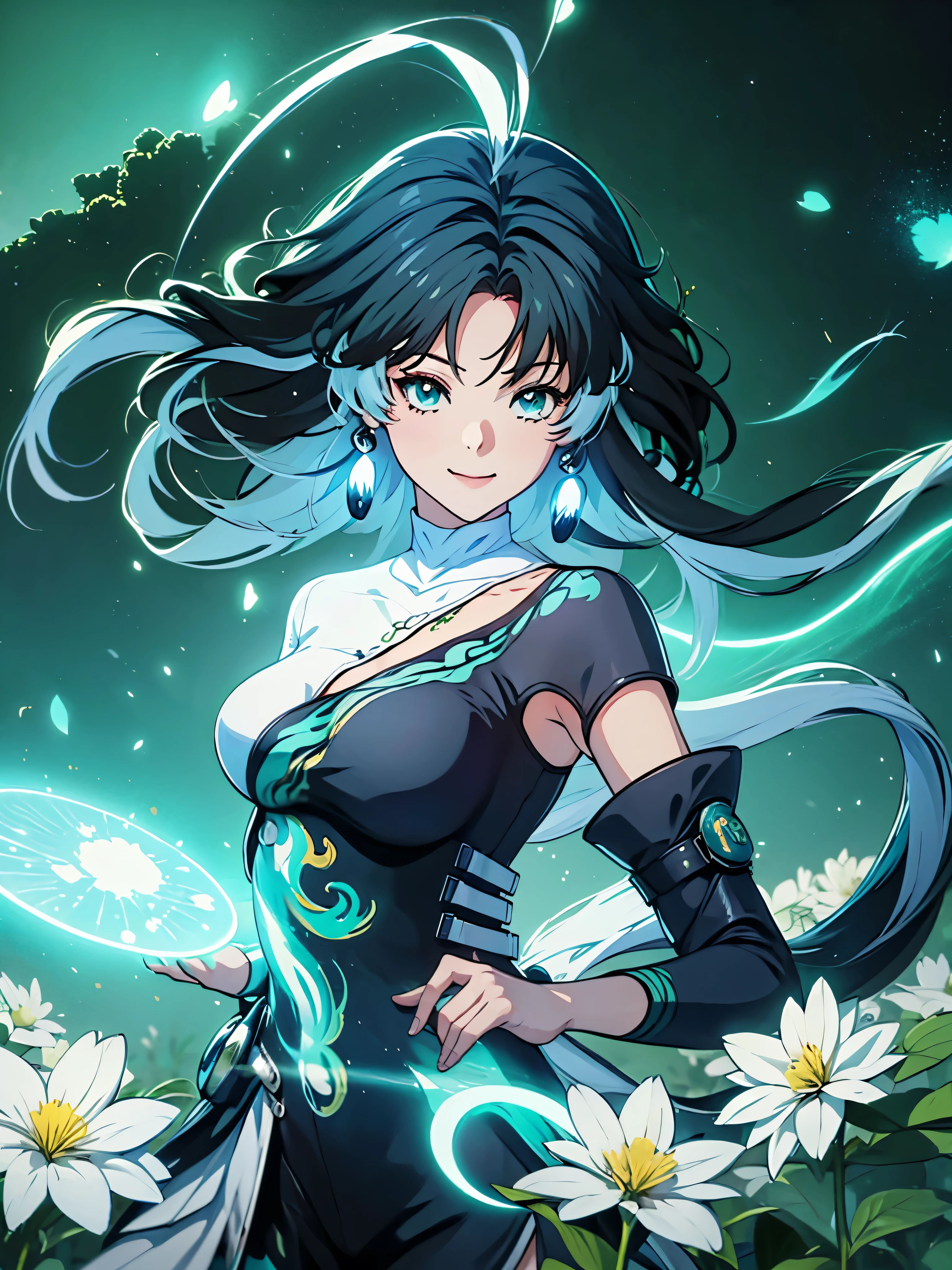 ((semi realistic)), ((Anime girl)), Jianxin, green air particle, ((cyan aura surrounding character)), forest, Tao symbol, wide smiling, white flower, glowing fireflies