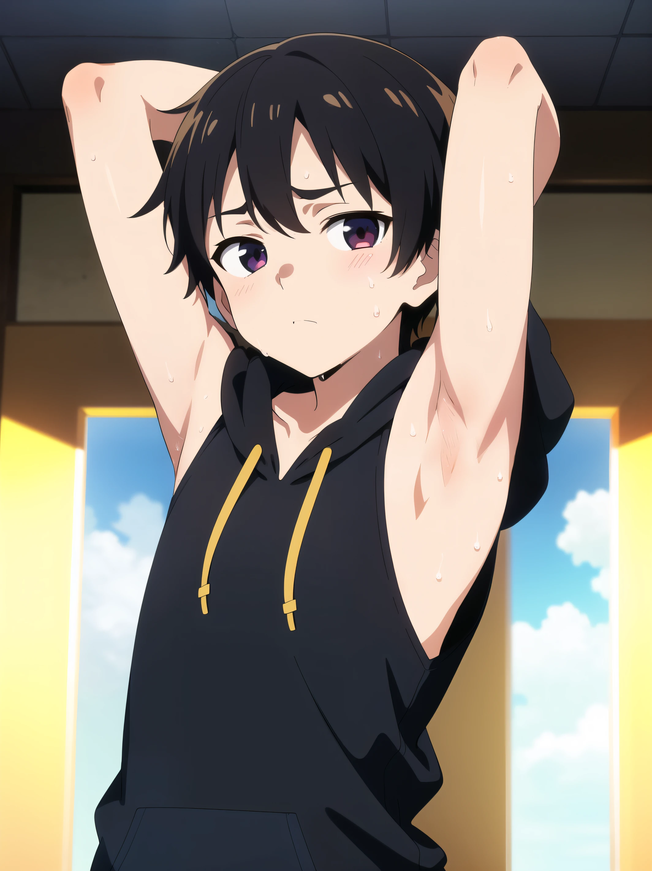 Highres, Masterpiece, Best quality at best,Best Quality,hight quality, hight detailed, 1boy, Shota, Black hoodie, Sleeveless hoodie, Seen from the front, look at viewer, (very young boy), (very small and short body), -yeld bo (Showing armpit:1.3), hansome boy, Sweat