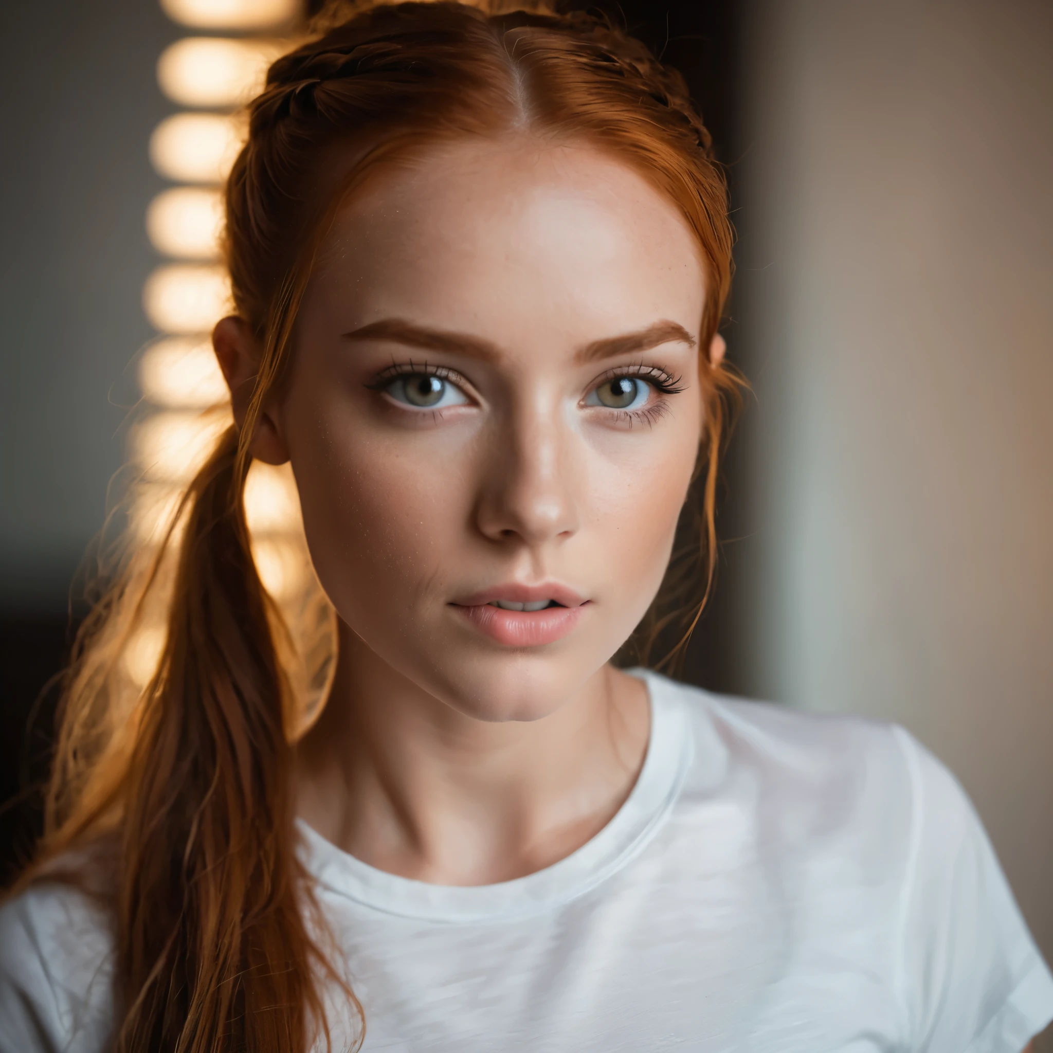 photo,8k,sharp focus,beautiful woman,close up,t-shirt,(detailed eyes:0.8),(looking at the camera:1.4),(highest quality),(best eyeshadow),brown eyes,rim lighting,two tone lighting,dimly lit,low key,intricate details,interior,ponytails,ginger hair:1.3,open mouth:0.7,freckles, photo, (realistic:1.3), 8k,