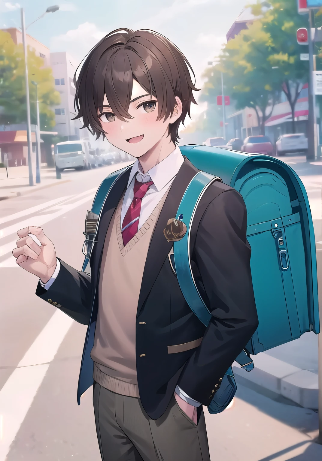 (masterpiece, best quality:1.0), highly detailed, detail, 1boy, highschool boy, highschool student, brown hair, UNiform, red necktie, collared shirt, sweater vest, blazer, black blazer, opened jacket, long sleeves, trousers, brown pants, outdoor, smile, standing, cowboy shot, wearing blue backpack, (backpack:1.1)