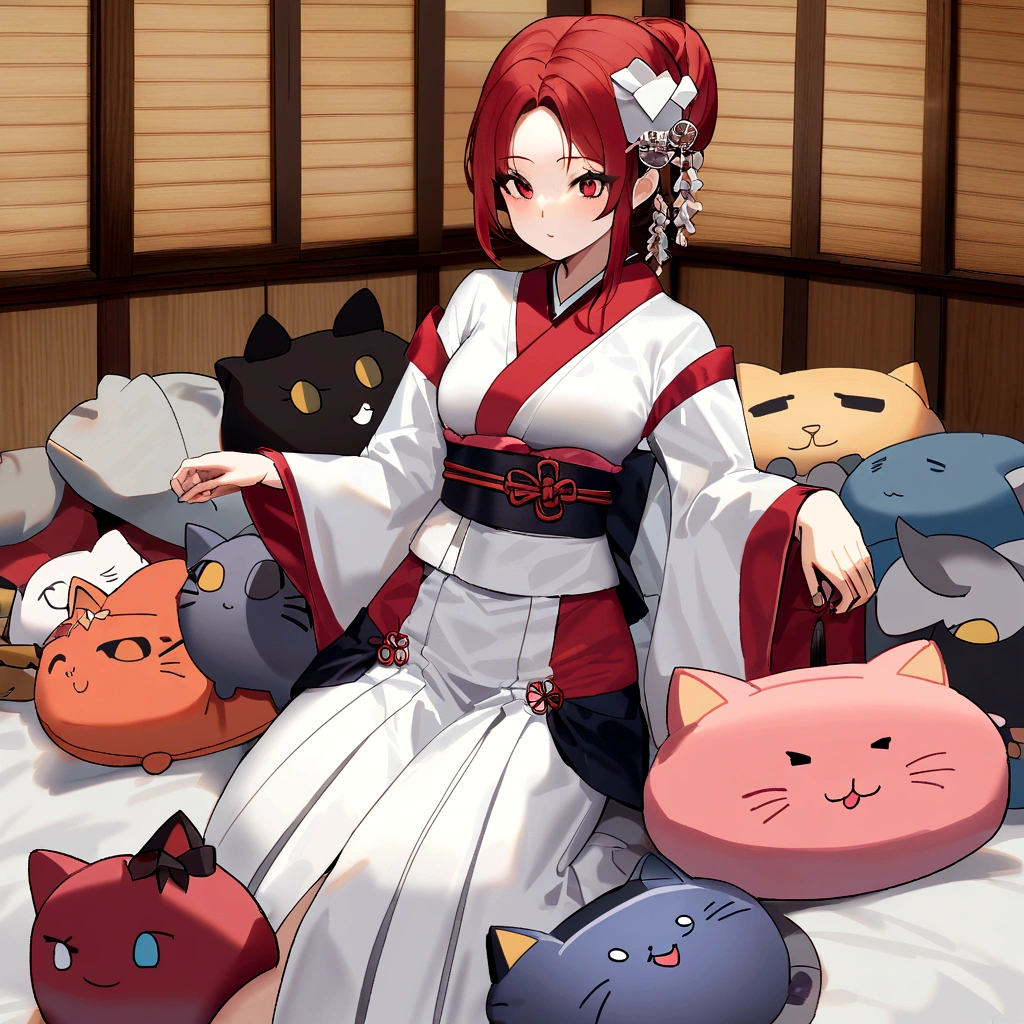 An Asian woman with short red hair, com mechas amarelas, com olhos grandes, pupilas roxas e cabelos vermelhos com mechas amarelas, is sitting on a kitty pillow. There's a little red cat next to her, and the scene has a Japanese style.