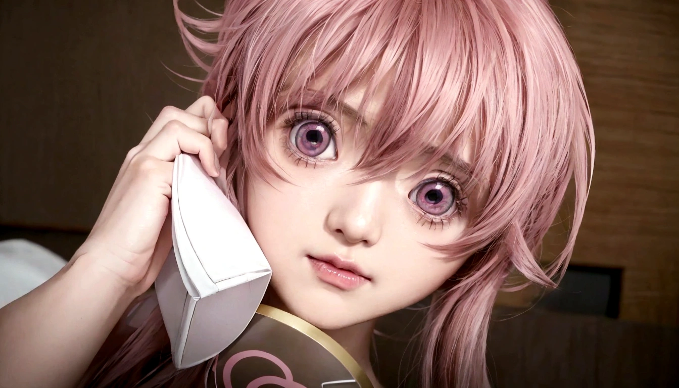 Anime girl with pink hair talking on cell phone., Mirai nikki, chica anime llamada gasai yuno, grandes ojos rosados, gasai yuno, primer plano de otro iwakura, gasai yuno, gasai yuno, ella tiene una linda cara expresiva, sakura haruno, captura de pantalla de un anime de 2012, in the anime movie, escena!!, Impactante