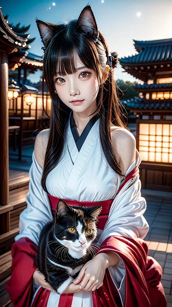 japanese woman、black hair、beautiful girl、big breasts、1 female、Miko costume、shrine、Cat ear