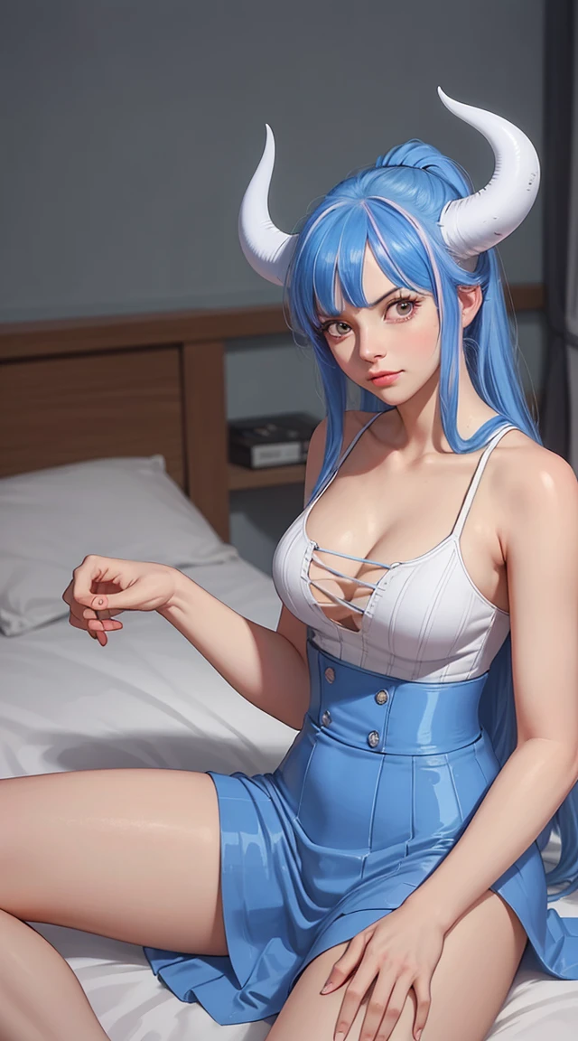 ulti from the anime one piece, has horns, long hair, light blue hair, pink eyes, ponytail, beautiful, beautiful woman, perfect body, perfect breasts, wearing a big white t-shirt, black panties, in bed, room sleep, bed, sitting on the bed sleeping, looking at the viewer, slightly smiling, realism, masterpiece, textured leather, super detail, high detail, high quality, best quality, 1080p, 16k, wearing pink mask,