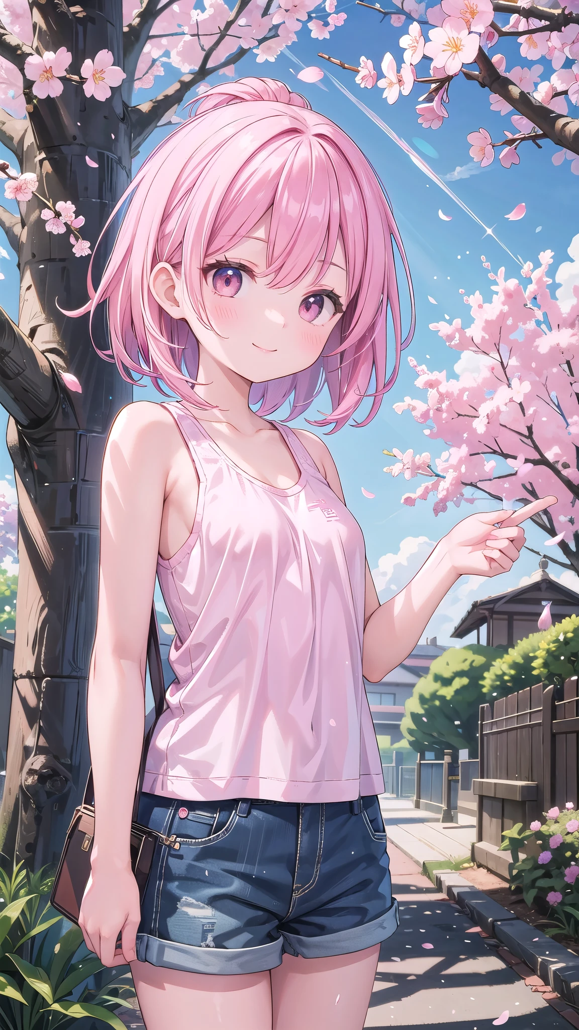 (masterpiece), Going Out, cherry blossoms, Outdoor, One Girl, Tank top, Medium Hair, Pink Hair, smile, Medium Chest, Particles of light, Spotted sunlight