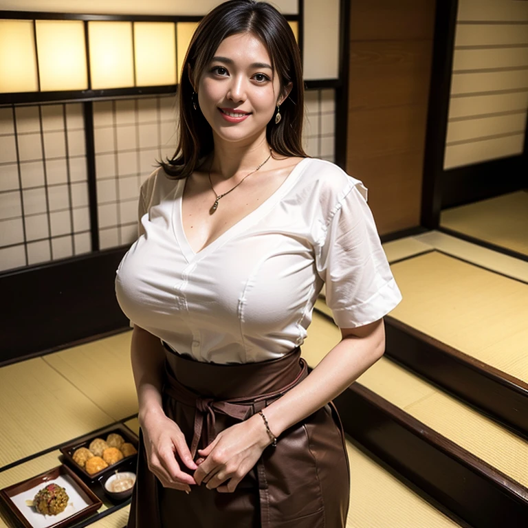 (Extreme Wide Shot:1.3),(Japanese woman:1.3),(huge breasts:1.5),(Slim waist:1.3),(v-neck shirt:1.2),(Thin eyebrows),(smile:1.3),(dark skin:1.3),heavy makeup:1.3, necklace,Earrings,(traditional Japanese restaurant:1.4),highest quality,(((masterpiece))),8k,(((Photorealistic))),(light brown hair:1.3),(Japanese-style garden:1.3),
