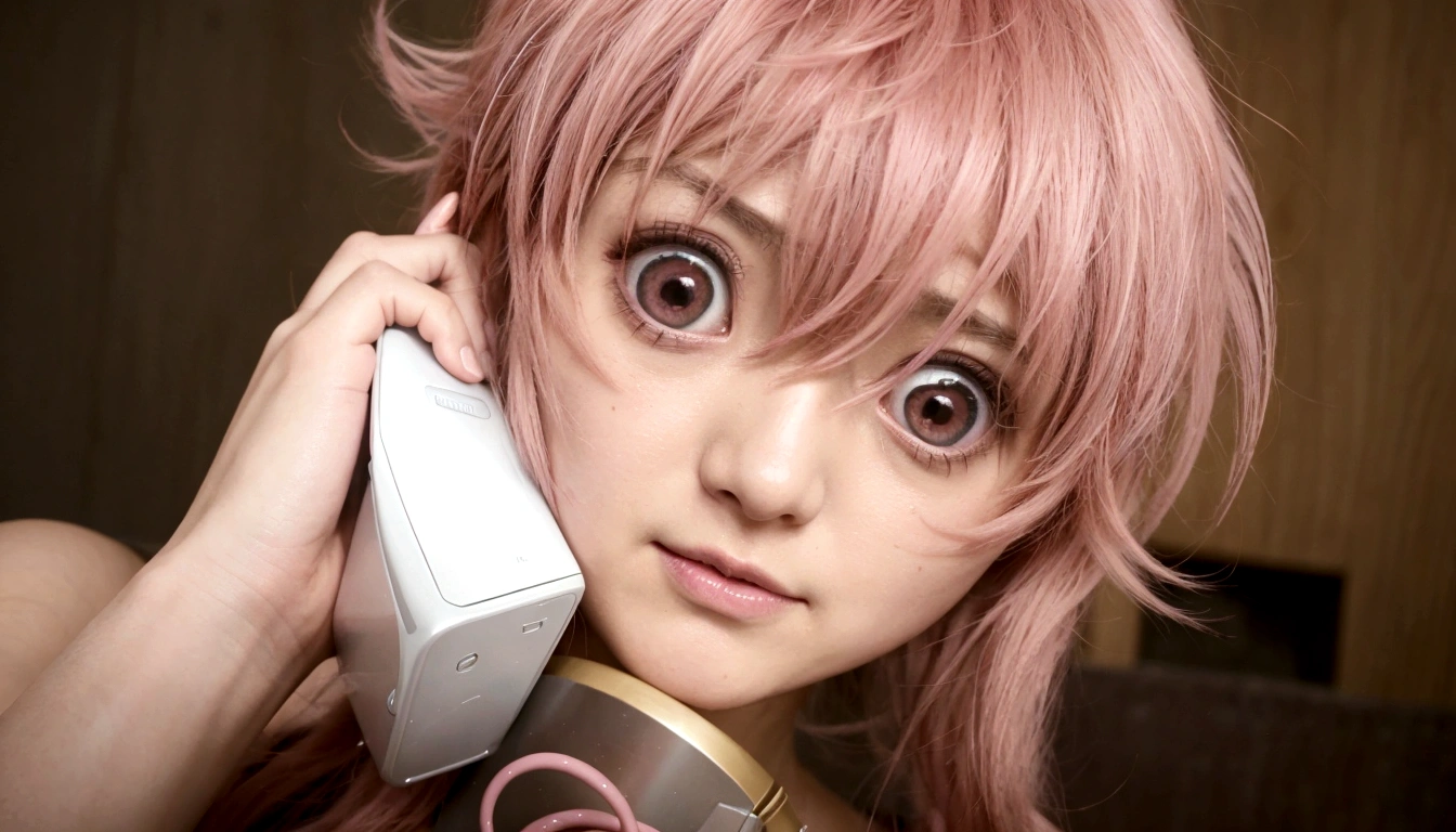 Anime girl with pink hair talking on cell phone., Mirai nikki, chica anime llamada gasai yuno, grandes ojos rosados, gasai yuno, primer plano de otro iwakura, gasai yuno, gasai yuno, ella tiene una linda cara expresiva, sakura haruno, captura de pantalla de un anime de 2012, in the anime movie, escena!!, Impactante