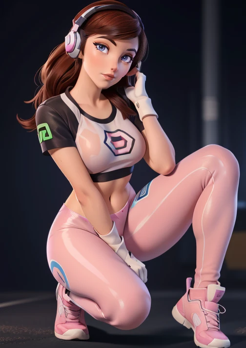 Masterpiece, on your knees, kneeling, Best Quality, High Resolution, 1Girl, Ultra High Resolution, Solo D.VA, Headphones, Pink eyes, Brown Hair, White Gloves, Face Decoration, Full Body Shot, Cute, Realistic, Cute Pose, Perfect Body, Cyber Punk background, wet street, Crop Top, Latex leggings, nsfw, cum, sexy, ahegao, looking at viewer, bedroom eyes 