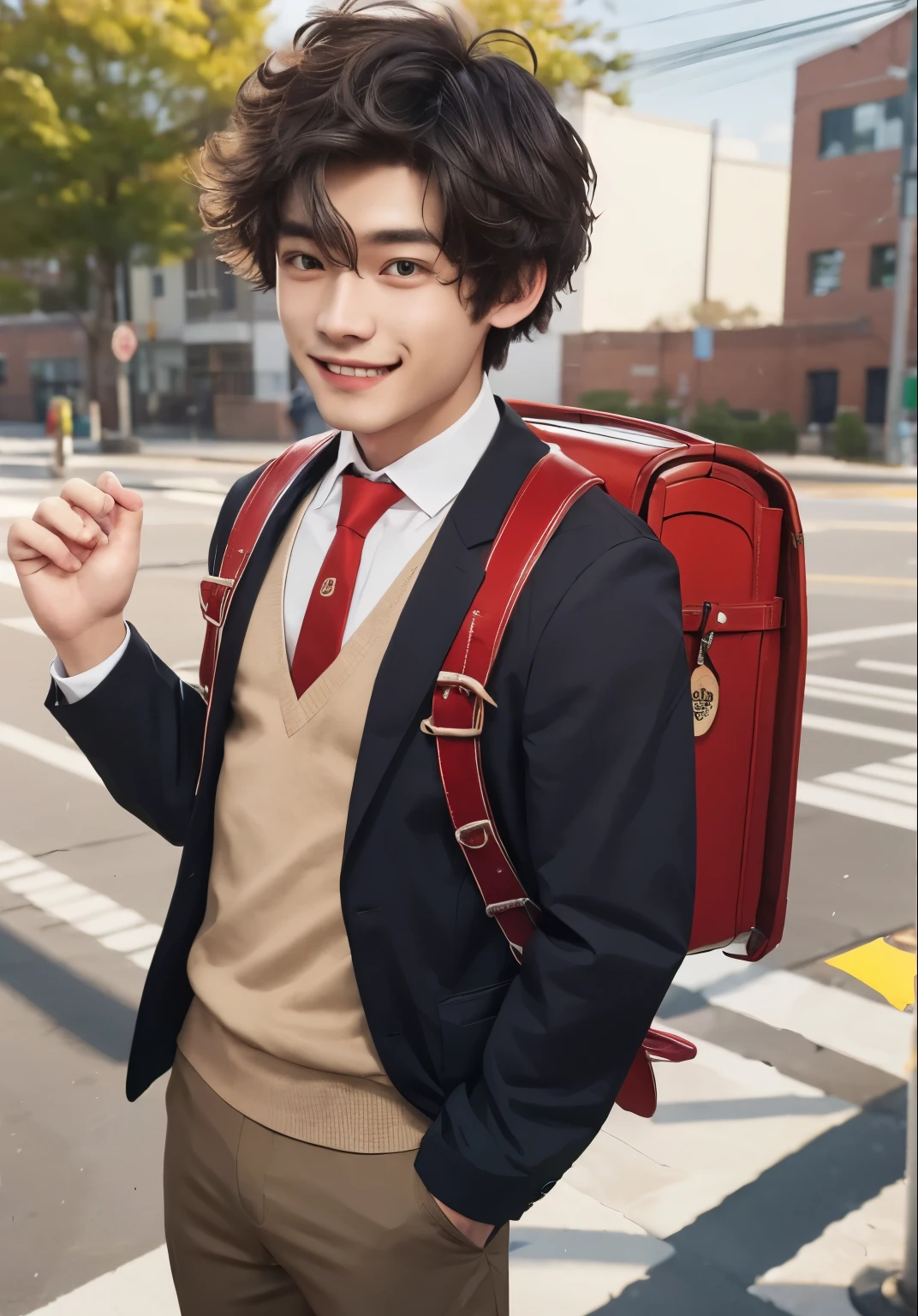 (masterpiece, best quality:1.0), realistic, highly detailed, detail, 1boy, high boy, highschoolwn hair, UNiform, red necktie, collared shirt, sweater vest, blazer, black blazer, opened jacket, long sleeves, trousers, brown pants, outdoor, smile, standing, cowboy shot, wearing red backpack, (red backpack:1.1)