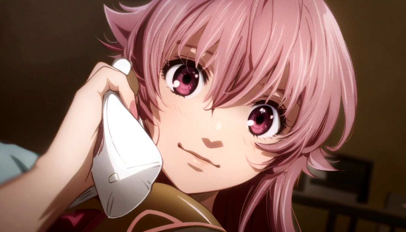 anime girl with pink hair, Gray skin, completely black eyes with a white spot, golden clothing with mesh gloves and bottles, on the body marks of needles and threads, Model body with a sweet look but a dark smile