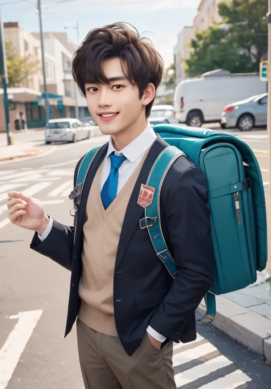 (masterpiece, best quality:1.0), realistic, highly detailed, detail, 1boy, highschool boy, highschool student, brown hair, UNiform, red necktie, collared shirt, sweater vest, blazer, black blazer, opened jacket, long sleeves, trousers, brown pants, outdoor, smile, standing, cowboy shot, wearing blue backpack, (backpack:1.1)