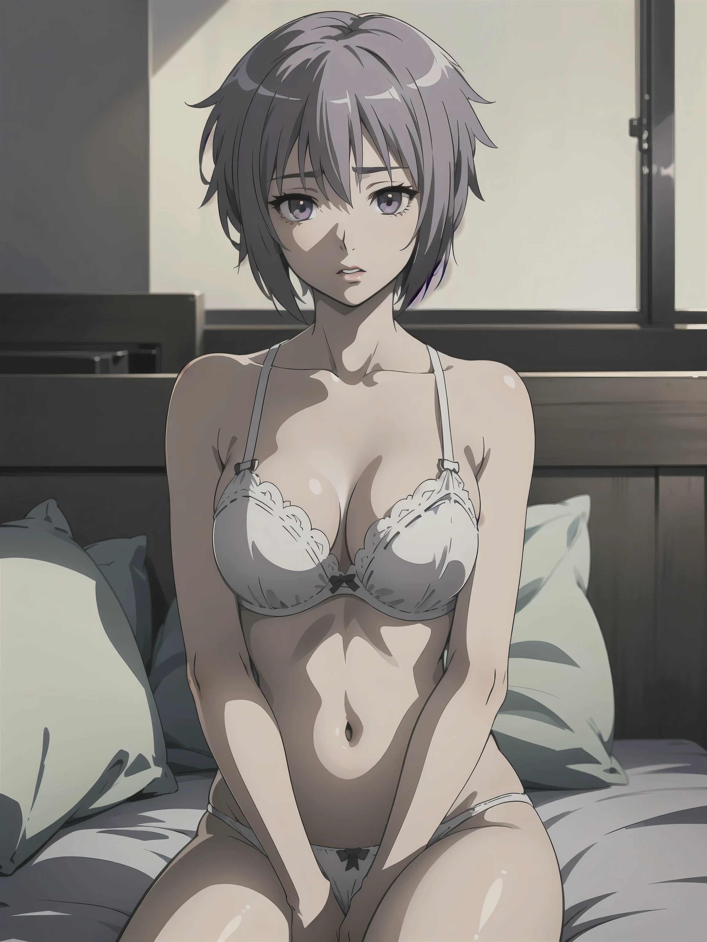 (A superb exquisite yuki nagato), (yuki nagato:1.5), brown eyes, brown hair, natural straight hair, solo, nature, extremely delicate, straight facial features, peerless beautiful girl, soft, (sensual face), ((ecchi face)), dreamy quality, exaggerated facial features, solid color, frank holly, delicate face, bright lips, slender waist, soft curves, real light and shadow, super fine, 4k, natural moving, Ultra high resolution, (masterpiece:1.2, best quality), (finely detailed beautiful eyes: 1.2), (beautiful detailed face), sexy nude model, sexy pose, (medium chest), (Perfect Body Proportions), (bedroom), Mekosuji, Spread your legs a little and show off your crotch, bra & panties,