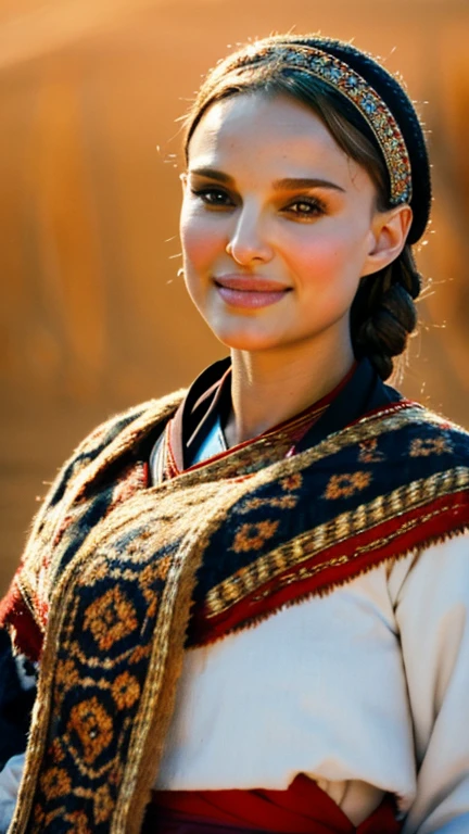 Natalie Portman dressed in traditional Mongolian clothing and a sexy smile.