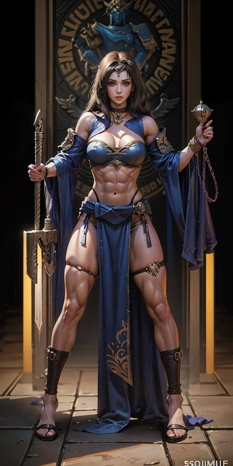 full body toe to head, masterpiece, 1soloMILF BIMBO standing loincloth pose, leather collar choker neck bell shackles wristbands bracers bracelets sleeves and stockings, strong body, abs, shiny skin (masterpiece, best quality) 1girlsolo wearing 40K Warhammer sisters of battle whsororitas (plain background)