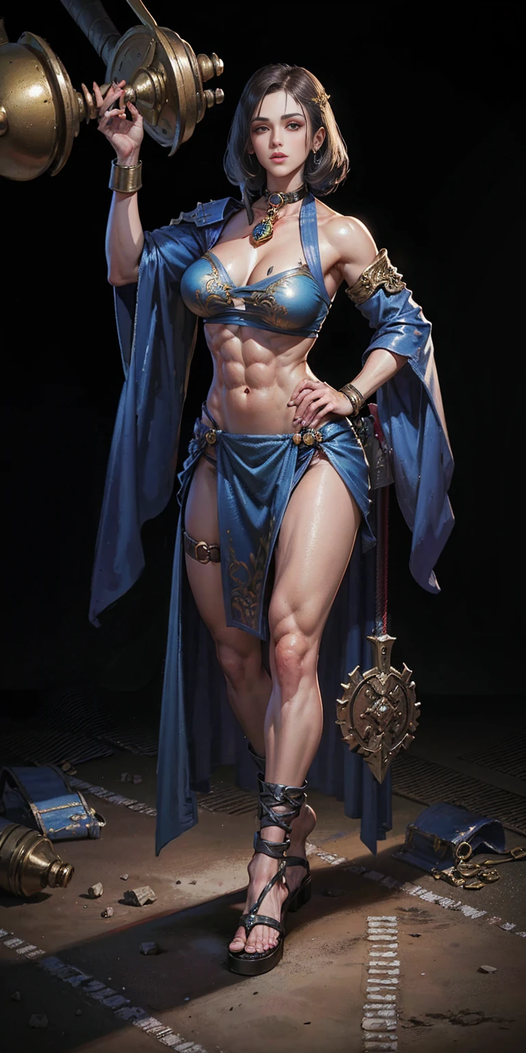 full body toe to head, masterpiece, 1soloMILF BIMBO standing loincloth pose, leather collar choker neck bell shackles wristbands bracers bracelets sleeves and stockings, strong body, abs, shiny skin (masterpiece, best quality) 1girlsolo wearing 40K Warhammer sisters of battle whsororitas (plain background)