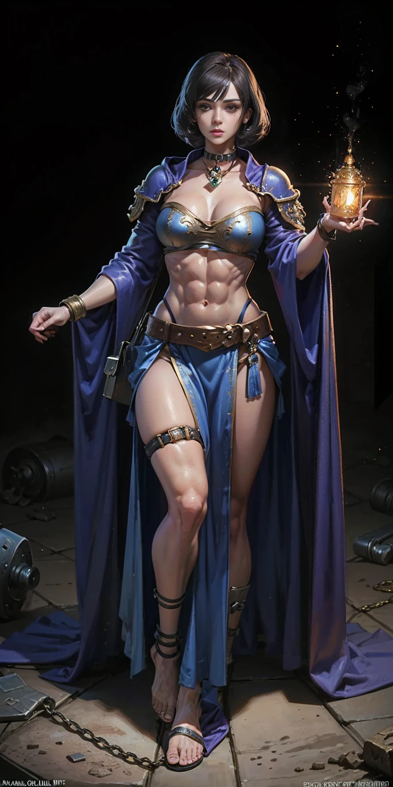 full body toe to head, masterpiece, 1soloMILF BIMBO standing loincloth pose, leather collar choker neck bell shackles wristbands bracers bracelets sleeves and stockings, strong body, abs, shiny skin (masterpiece, best quality) 1girlsolo wearing 40K Warhammer sisters of battle whsororitas (plain background)