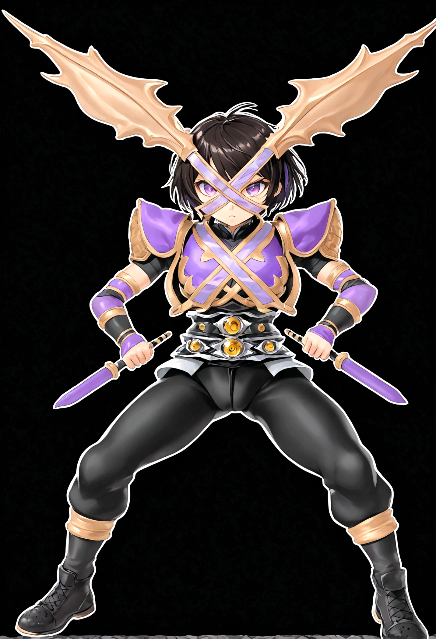 Tomboy, Smart, Beautiful, Strong, Sharp Eyes, Purple glowing eyes, Black Short Hair.