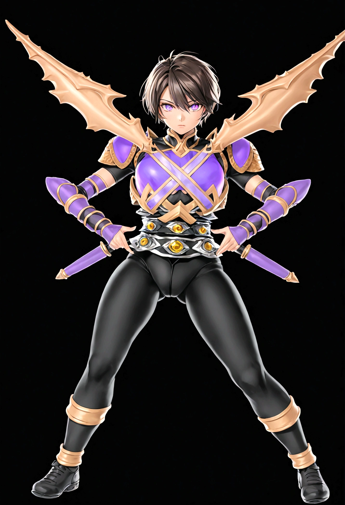 Tomboy, Smart, Beautiful, Strong, Sharp Eyes, Purple glowing eyes, Black Short Hair.