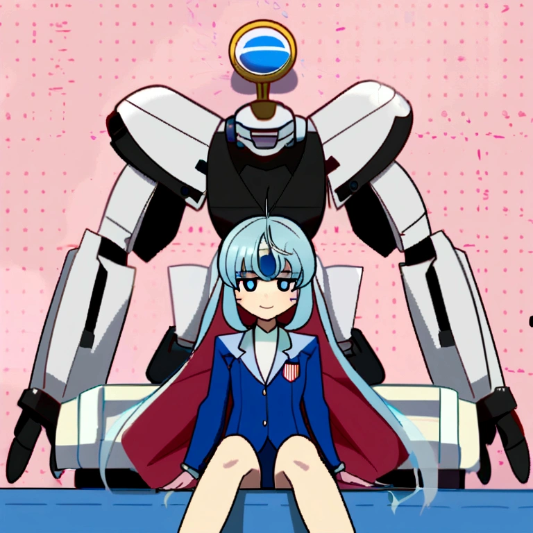 Garota fofa de anime,cabelos vermelhos com mechas amarelas, short, messy hair, usa um terno rosa, ela tem olhos grandes e amarelos, ela uma cartola preta, tem orelhas de raposa azul, ela tem um rabo de guaxinim, she is sitting on a cushion, com um fundo espacial