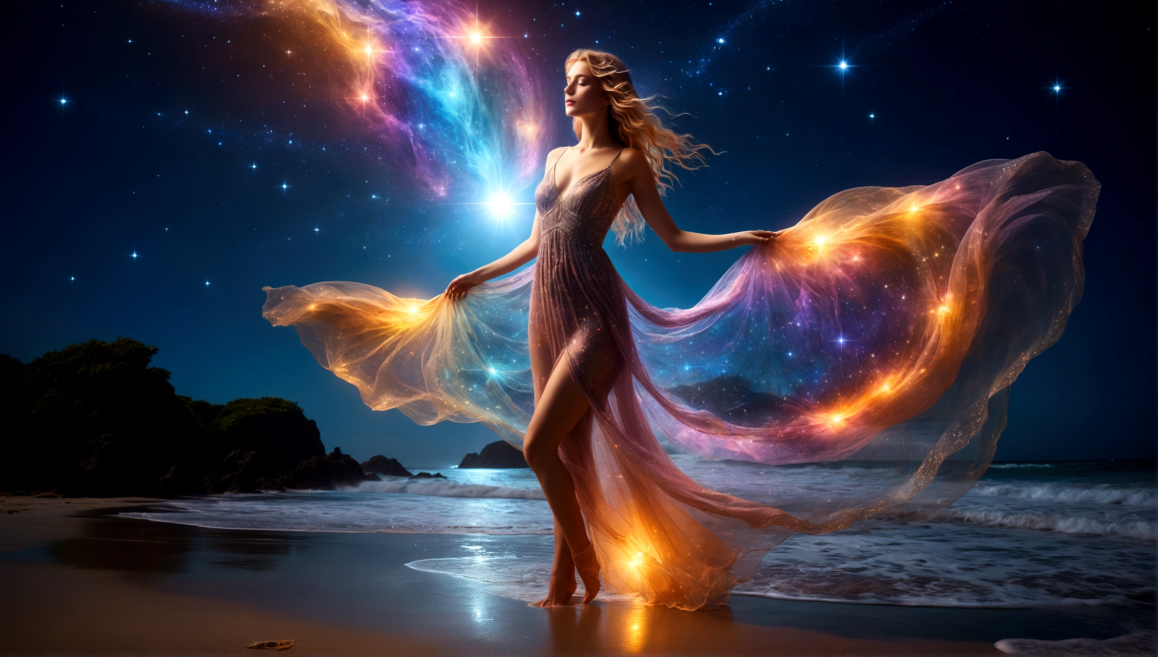 A mesmerizing scene unfolds before your eyes as you gaze upon a hypnotic eye blending into a star-studded sky, dotted with nebulae and cosmic dust. Beneath this cosmic display, depict a tranquil beach with the surface of the ocean is sparkling, lush and symmetrically reflects the sparkling nebulae and luminous astral bodies dot. A mystical woman with long flowing hair and a translucent flowing dress, holding a glowing moon above her head against a backdrop of a starry night sky and a calm beach with the sun setting on the horizon. She is surrounded by luminescent star-like sparkles, suggesting an ethereal or magical presence. The scene exudes a dreamy and cosmic atmosphere.
