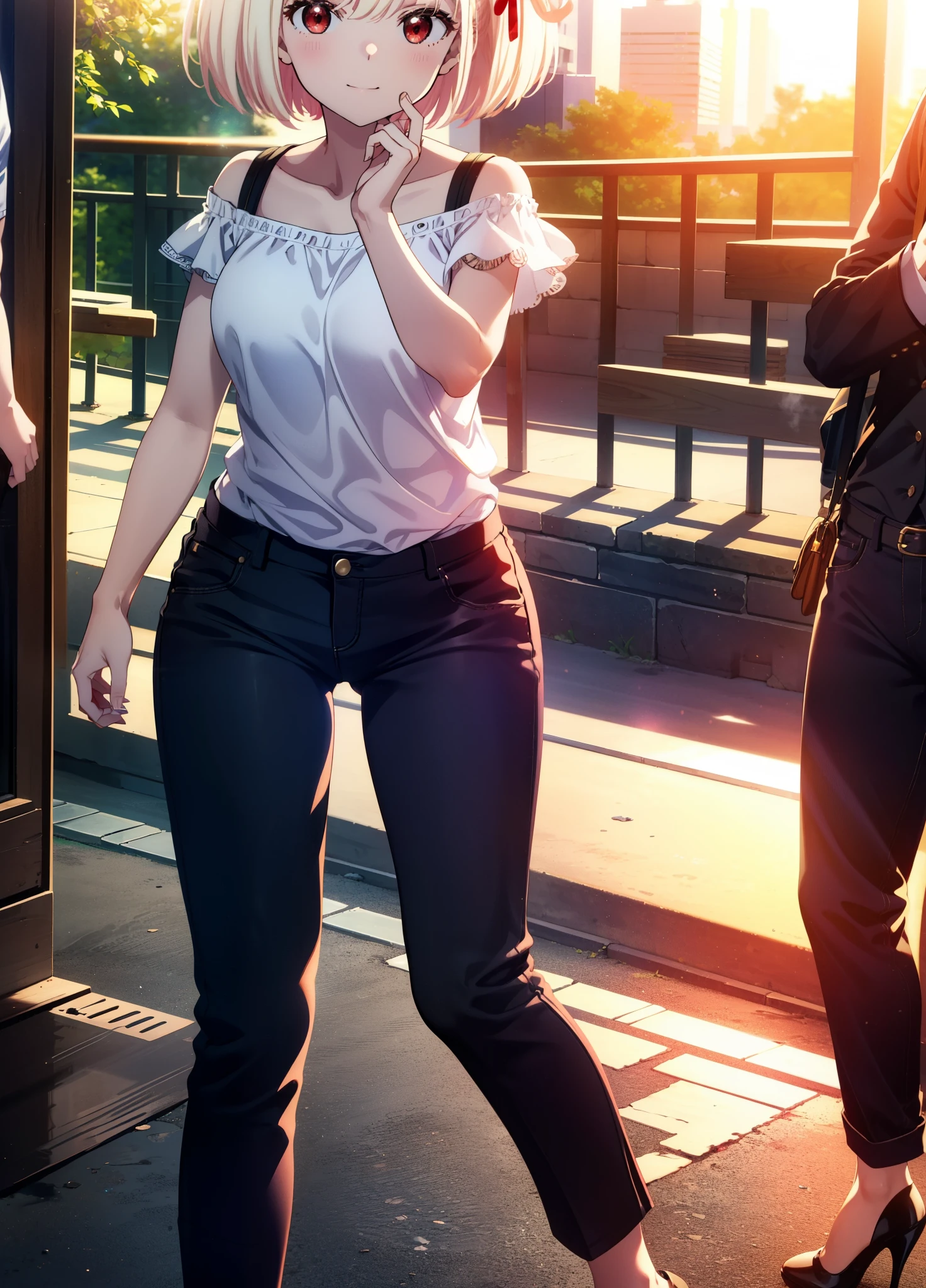 chisatonishikigi, Chisato Nishikigi, short hair, bangs, Blonde Hair, (Red eyes:1.5), Hair Ribbon, One side up, Bobcut,smile,blush,
Cord off-shoulder top,Short sleeve,skinny pants,Stiletto heels,morning,morning陽,The sun is rising,walking,whole bodyがイラストに入るように,
break outdoors, 公園
break looking at viewer, whole body,
break (masterpiece:1.2), highest quality, High resolution, unity 8k wallpaper, (shape:0.8), (Beautiful details:1.6), Highly detailed face, Perfect lighting, Extremely detailed CG, (Perfect hands, Perfect Anatomy),