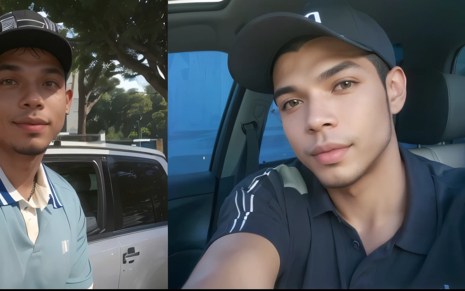 two men in hats and polo shirts are taking selfies in a car, foto, by Július Jakoby, me ajude, david rios ferreira, por Emerson Silva, 32 anos, Vista frontal e lateral, foto descoberta, por Willian Murai, caio santos, ronaldo luis nazario de lima, Phenomenon Ronaldo Nazário