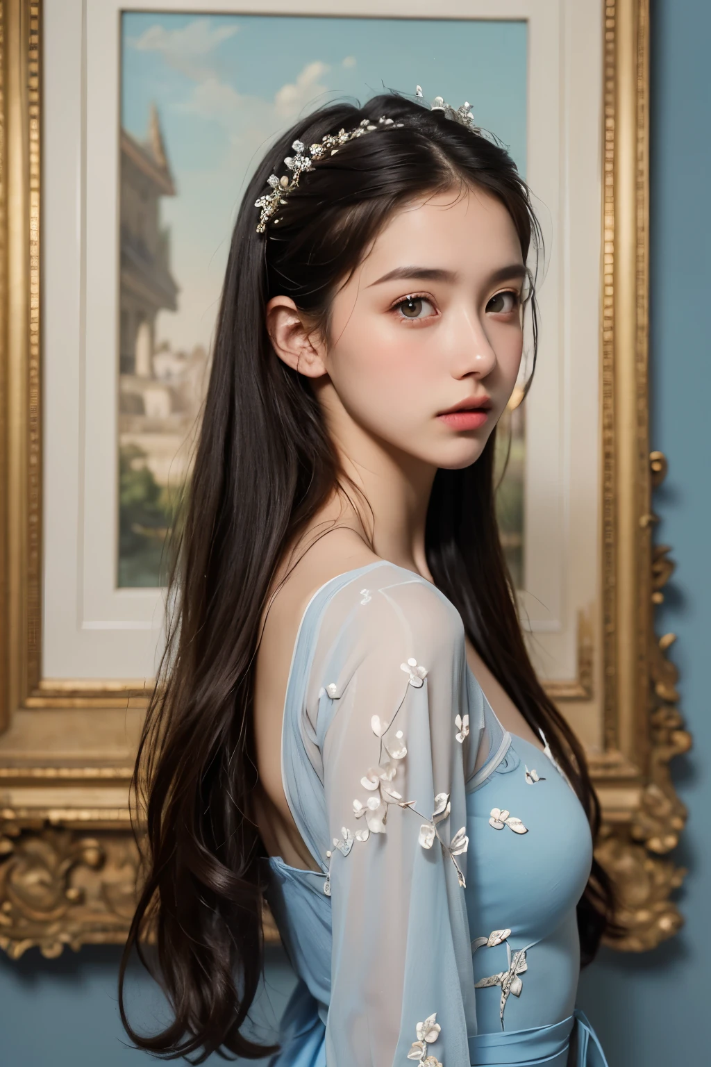(high quality,masterpiece:1.2),(realistic:1.37)"(best quality, high quality, very detailed, realistic),Beautiful 19th century portrait of a -yeld Frh ballet dancer., (She is half French and half Japanese., And she is a stunning beauty with deep blue eyes and a high nose.:1.1), elaborate ballet costumes, detailed facial features, long, graceful neck, flowing hair, Balanced and elegant posture, Soft and gentle lighting, classic oil painting medium, vivid colors, Subtle background with floral motifs", dreamy atmosphere, surrealism,mysterious aura