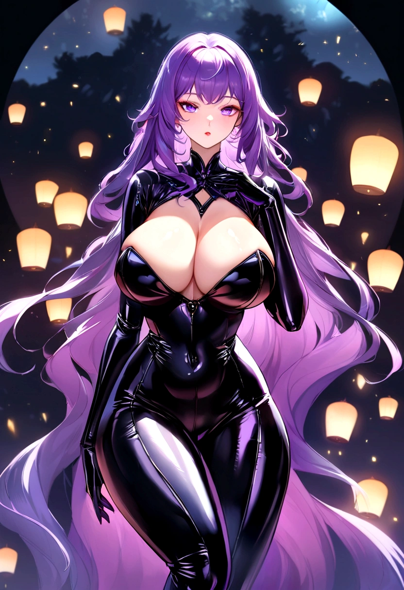 Create a digital artwork of a voluptuous female character with massive breasts in an anime-inspired style. The character should have long, flowing purple hair and large, expressive purple eyes. She should be wearing a tight, glossy black latex bodysuit that accentuates her curves. The art style should be a blend of anime and semi-realism, with: Smooth, detailed shading: Use gradients to create depth and volume in the character's form. Sharp, precise line work: Clean lines to define the character's features and outfit. Realistic lighting effects: Emphasize the reflective quality of the latex outfit with highlights and glossy reflections. Soft, ambient background: Set the scene in a nighttime environment with a full moon, cherry blossom trees, and lanterns. The background should have a soft, romantic glow with bokeh effects to enhance the dreamy atmosphere. Color vibrancy: Use rich, vibrant colors for the character and background to make the image pop. Ensure the character's expression is slightly open-mouthed, giving a seductive and confident look. The overall mood should be bold and captivating, with a high level of detail and polish in the final artwork
