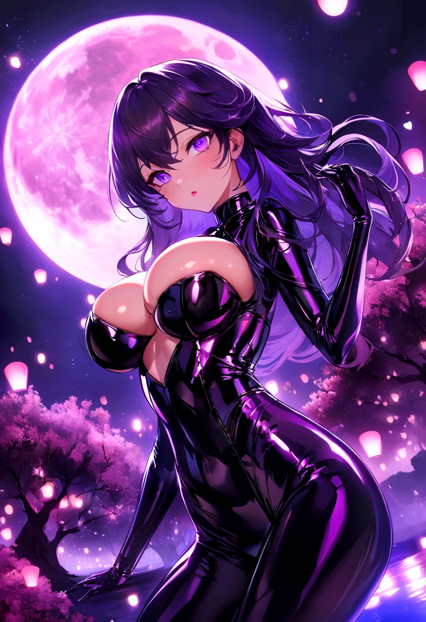 Create a digital artwork of a voluptuous female character with massive breasts in an anime-inspired style. The character should have long, flowing purple hair and large, expressive purple eyes. She should be wearing a tight, glossy black latex bodysuit that accentuates her curves. The art style should be a blend of anime and semi-realism, with: Smooth, detailed shading: Use gradients to create depth and volume in the character's form. Sharp, precise line work: Clean lines to define the character's features and outfit. Realistic lighting effects: Emphasize the reflective quality of the latex outfit with highlights and glossy reflections. Soft, ambient background: Set the scene in a nighttime environment with a full moon, cherry blossom trees, and lanterns. The background should have a soft, romantic glow with bokeh effects to enhance the dreamy atmosphere. Color vibrancy: Use rich, vibrant colors for the character and background to make the image pop. Ensure the character's expression is slightly open-mouthed, giving a seductive and confident look. The overall mood should be bold and captivating, with a high level of detail and polish in the final artwork