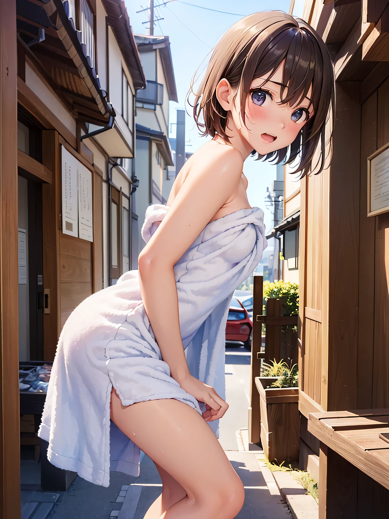 (masterpiece:2.0), (top-quality:2.0), (white Tube top extremely short length dress made by towel:1.5), (view from the side:1.5), (perfect exposed shoulders:1.5), (perfect exposed nape:1.5), (super sexypose:1.5), (blushed face:1.3), (barechested:1.3), (realistic:1.5), 1 , precise small hands, Embarrassed look, Look at me and embarrassed face, Open mouth, extremely cute girl, innocent face, young face, Clear eyes, Shining eyes, shoulder is visible, small breast, thigh is visible, No pubic hair, dynamic posing, The beautiful skin, ultra-definition, Top resolution, japan high school student, brown hair