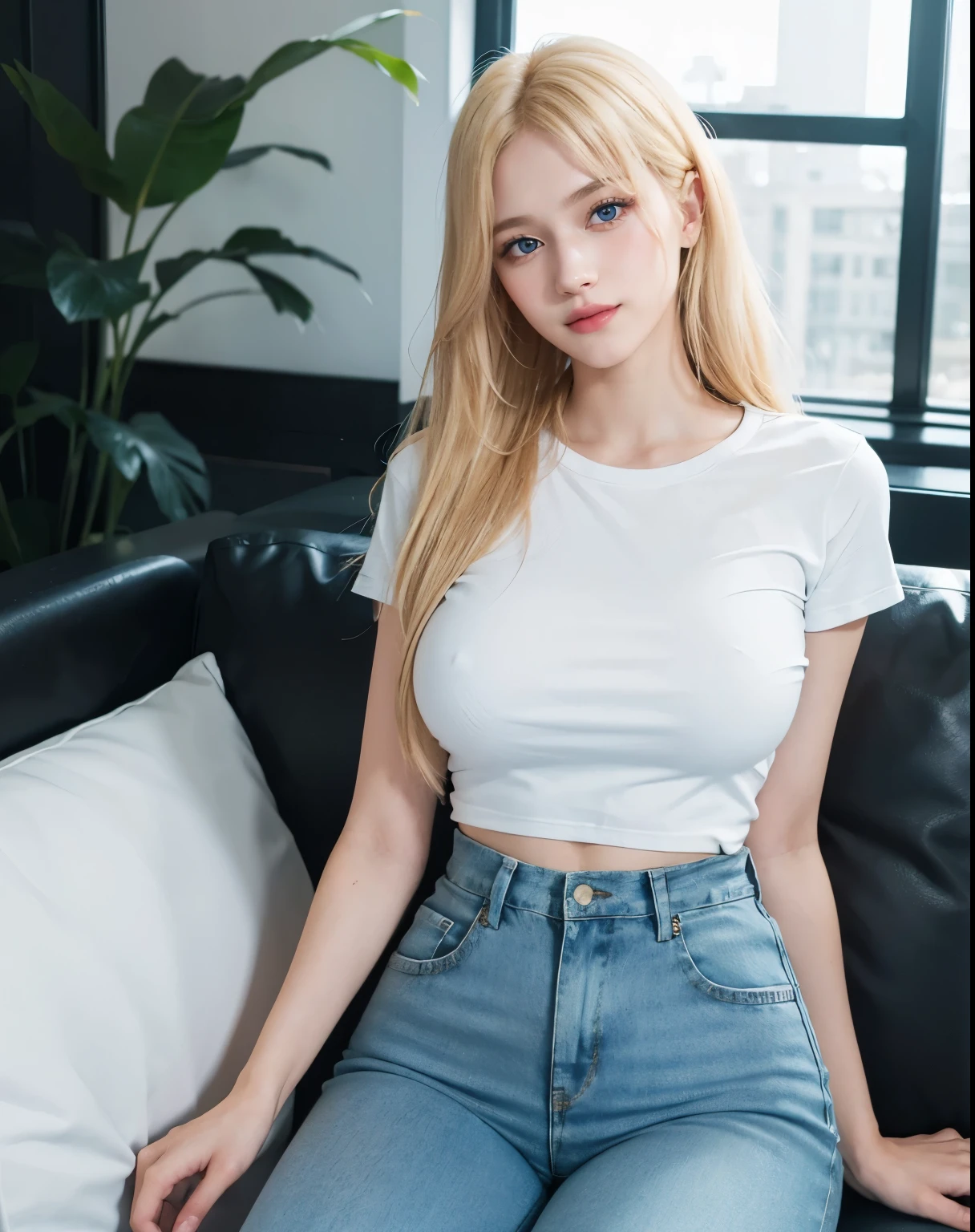 1girl, (Blue Eyes), (smiling :1.2), (Sana Minatozaki), (wide hips :1.2), Big , (big ass), (thin waist: 1.2), (thick and toned thighs :1.1), (Best Quality, 8k, Masterpiece: 1.3), Clear Focus: 1.2, Perfect Body Beauty: 1.4, strong abs, Highly detailed face and skin texture, detailed eyes, double eyelids, (shiny skin), (blonde long straight hair), (white t-shirt), (high waist jeans), lies on a couch, full body, in the living room