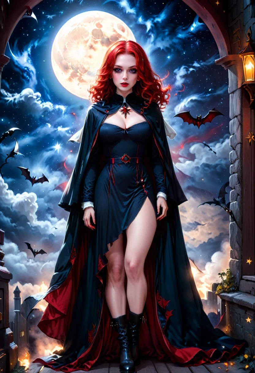 a picture of an exquisite beautiful female nun vampire standing under the starry night sky on the porch of her monastery, ultra feminine, (pale skin: 1.3), red hair, wavy hair, dynamic eyes color, cold eyes, glowing eyes, intense eyes, dark red lips, ((fangs: 1.1)), wearing (white nun tight וuniform: 1.3), wearing (blue cloak: 1.3), long cloak, flowing cloak, wearing (high heeled boots: 1.3), sky full of stars background, moon, bats flying about, action shot, high details, best quality, 16k, ((ultra detailed: 1.5)), masterpiece, best quality, portrait shot, photorealism, dark fantasy art, gothic art, many stars, sense of dread, GlowingRunesAI_red, Cinematic Hollywood Film style, ((no nudity: 1.5))