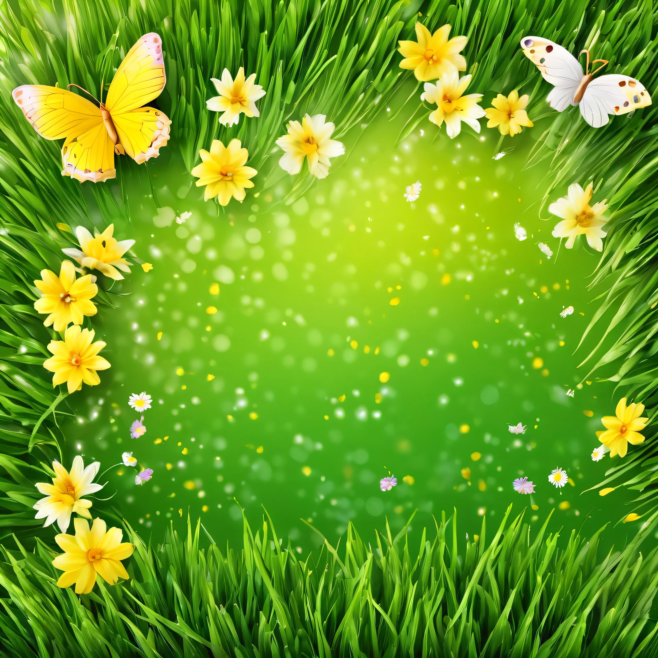 Easter spring floral background, fresh flowers and butterflies. Easter spring floral background. Fresh flowers and yellow butterflies on green grass background