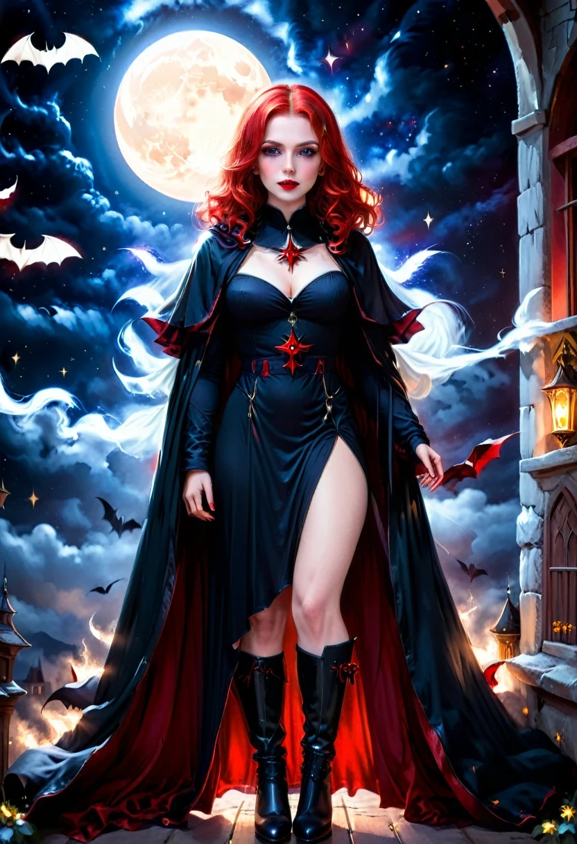a picture of an exquisite beautiful female nun vampire standing under the starry night sky on the porch of her monastery, ultra feminine, (pale skin: 1.3), red hair, wavy hair, dynamic eyes color, cold eyes, glowing eyes, intense eyes, dark red lips, ((fangs: 1.1)), wearing (white nun tight וuniform: 1.3), wearing (blue cloak: 1.3), long cloak, flowing cloak, wearing (high heeled boots: 1.3), sky full of stars background, moon, bats flying about, action shot, high details, best quality, 16k, ((ultra detailed: 1.5)), masterpiece, best quality, portrait shot, photorealism, dark fantasy art, gothic art, many stars, sense of dread, GlowingRunesAI_red, Cinematic Hollywood Film style, ((no nudity: 1.5))