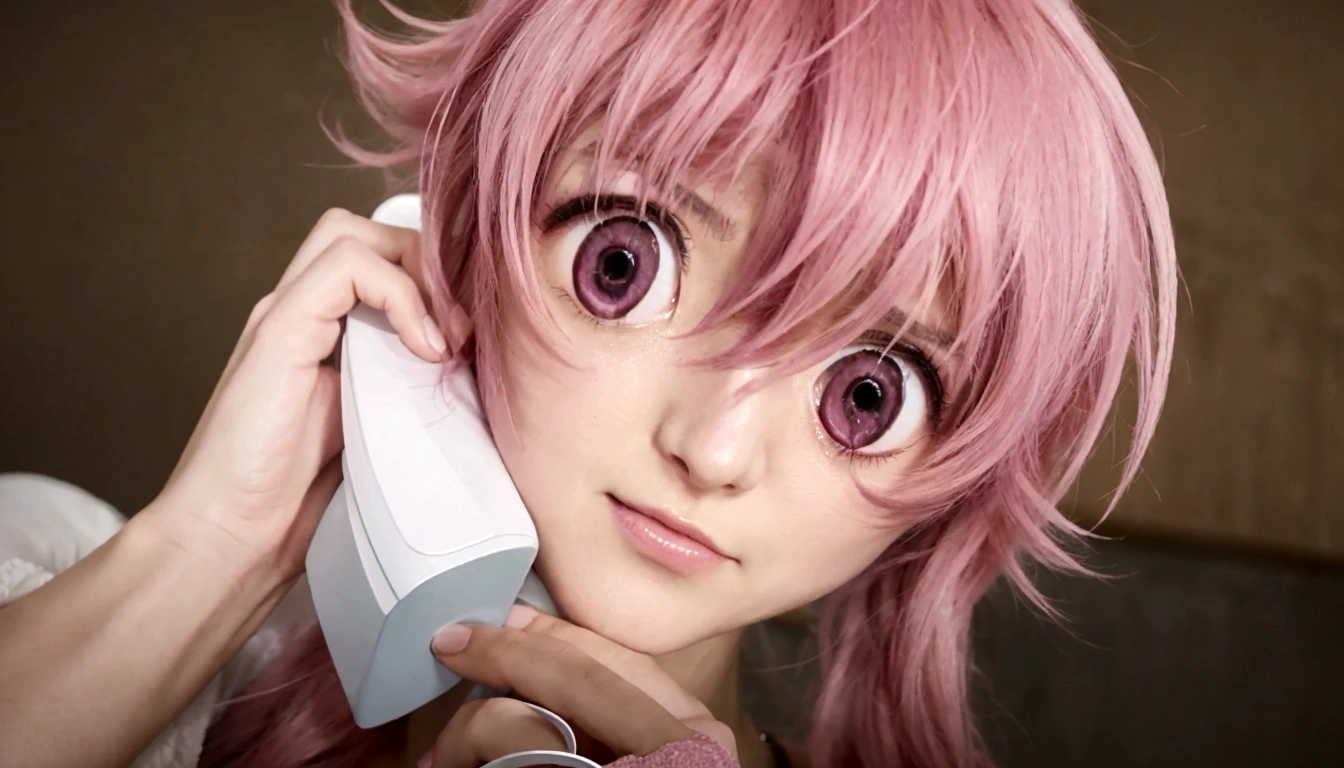 Anime girl with pink hair talking on cell phone., Mirai nikki, chica anime llamada gasai yuno, grandes ojos rosados, gasai yuno, primer plano de otro iwakura, gasai yuno, gasai yuno, ella tiene una linda cara expresiva, sakura haruno, captura de pantalla de un anime de 2012, in the anime movie, escena!!, Impactante