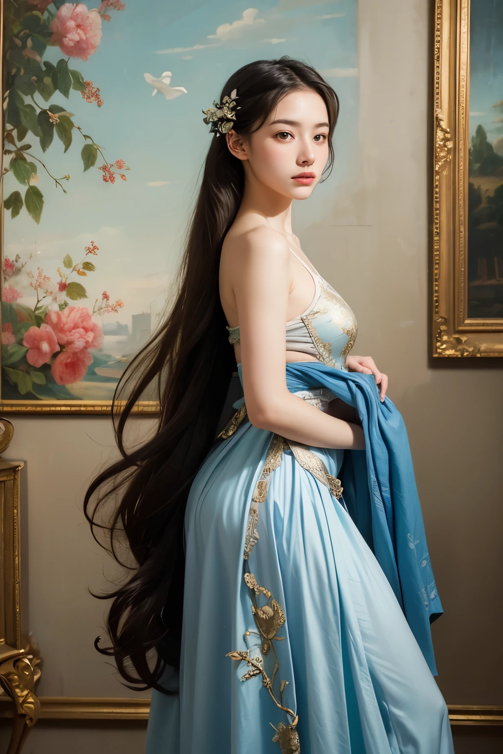 (high quality,masterpiece:1.2),(realistic:1.37)"(best quality, high quality, very detailed, realistic),Beautiful 19th century portrait of a 16-year-old French ballet dancer., (She is half French and half Japanese., And she is a stunning beauty with deep blue eyes and a high nose.:1.1), elaborate ballet costumes, detailed facial features, long, graceful neck, flowing hair, Balanced and elegant posture, Soft and gentle lighting, classic oil painting medium, vivid colors, Subtle background with floral motifs", dreamy atmosphere, surrealism,mysterious aura