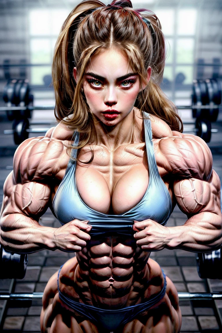 (2 girls body builders:1.6), ((masterpiece)), best quality, ultra-detailed:1.7, finely detail, high resolution:1.6, perfect dynamic composition, beautiful detailed faces:1.77, blonde babes:1.88, perfect red lipstick, perfect makeup:1.8, short denim bikini , large breasts:1.4, lovely look:1.7, gorgeous face:1.6, defined muscles:1.4, beautiful faces:1.8, alessandra ambrossio, izabel goulart, Kate Upton, Gigi Hadid, candice swanpoel ,popped out dense veins on muscles:1.8, hyper detailed picture:1.4, 8k resolution: 1.7, flex muscles:1.3, hyper muscular body shape:1.42, photorealistic:1.5, realistic:1.6, face masterpiece:1.74, good and professional lighting on picture:1.38, Ukrainian-Moroccan muscle beauty goddess, masterpiece 22 years old Ariana Grande and Jennifer Lopez as bodybuilders, extremely high resolution, hyper feminine beauty , hyper realistic texture , extra large , hyper muscularity, hyper vascularity, ass of titanium, muscles of steel, ripped body shape, ripped sexy ass with bikini, muscular ass , topless, kissing, good face details, hyper face detailing, doing sex, super romantic moment, hyper romantic, romantic kiss, nude females, perfect symmetrical face, sexy french kiss with tongues, serious muscle posing, exaggerated muscular body, extremely shredded, flexing and posing muscles as bodybuilder, exaggerated veins on biceps