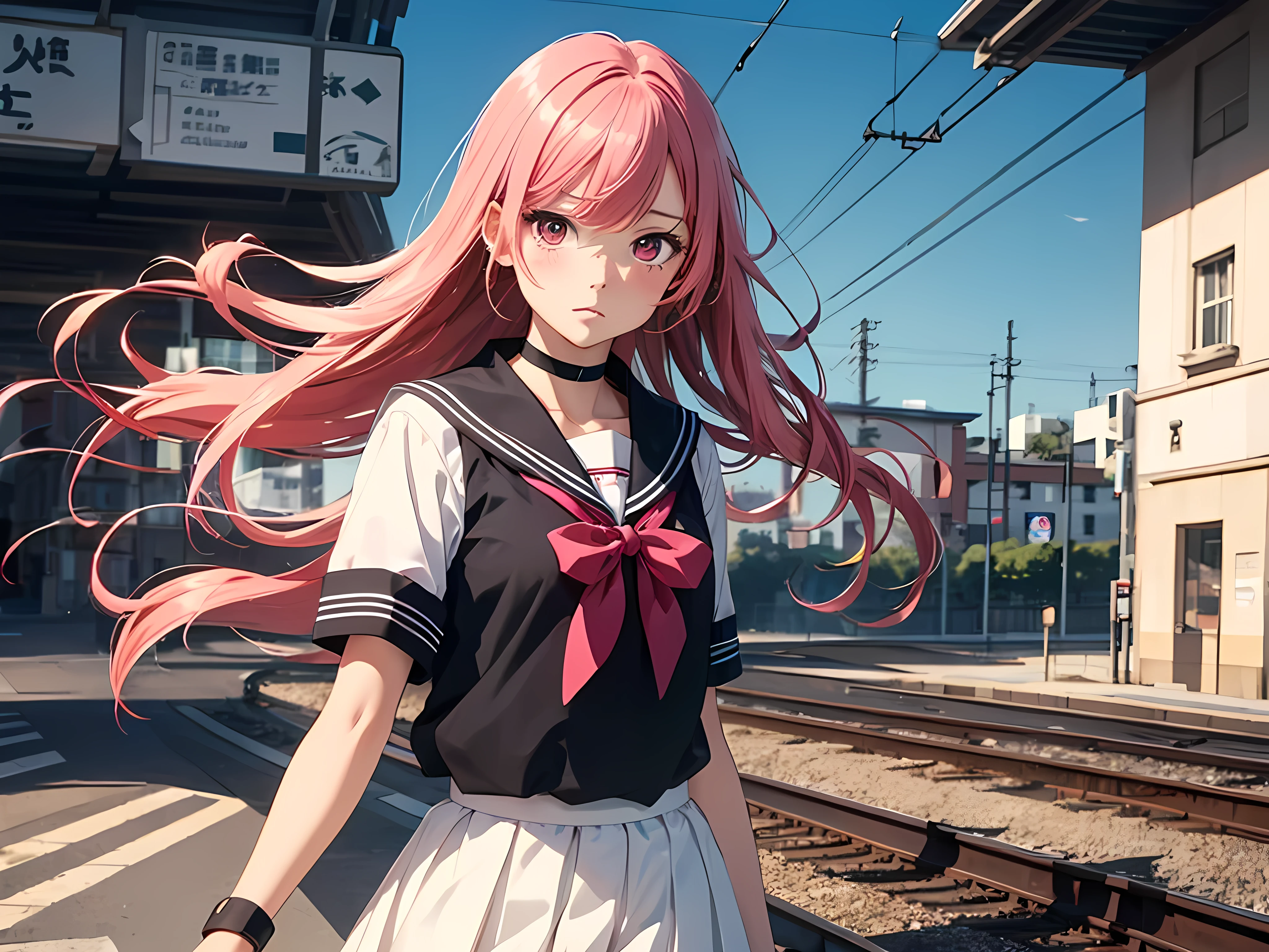 beautiful young woman, anime style, detailed face, red hair, hair down, large eyes, pink eyes, delicate features, soft lighting, blush, wearing a choker, sailor uniform, windy day, skirt being blown by wind, holding skirt down with both hands, desperate expression, train platform, detailed background, Japanese anime style, hand-drawn, high quality, highly detailed, 8k resolution, cinematic lighting, best quality, vibrant colors