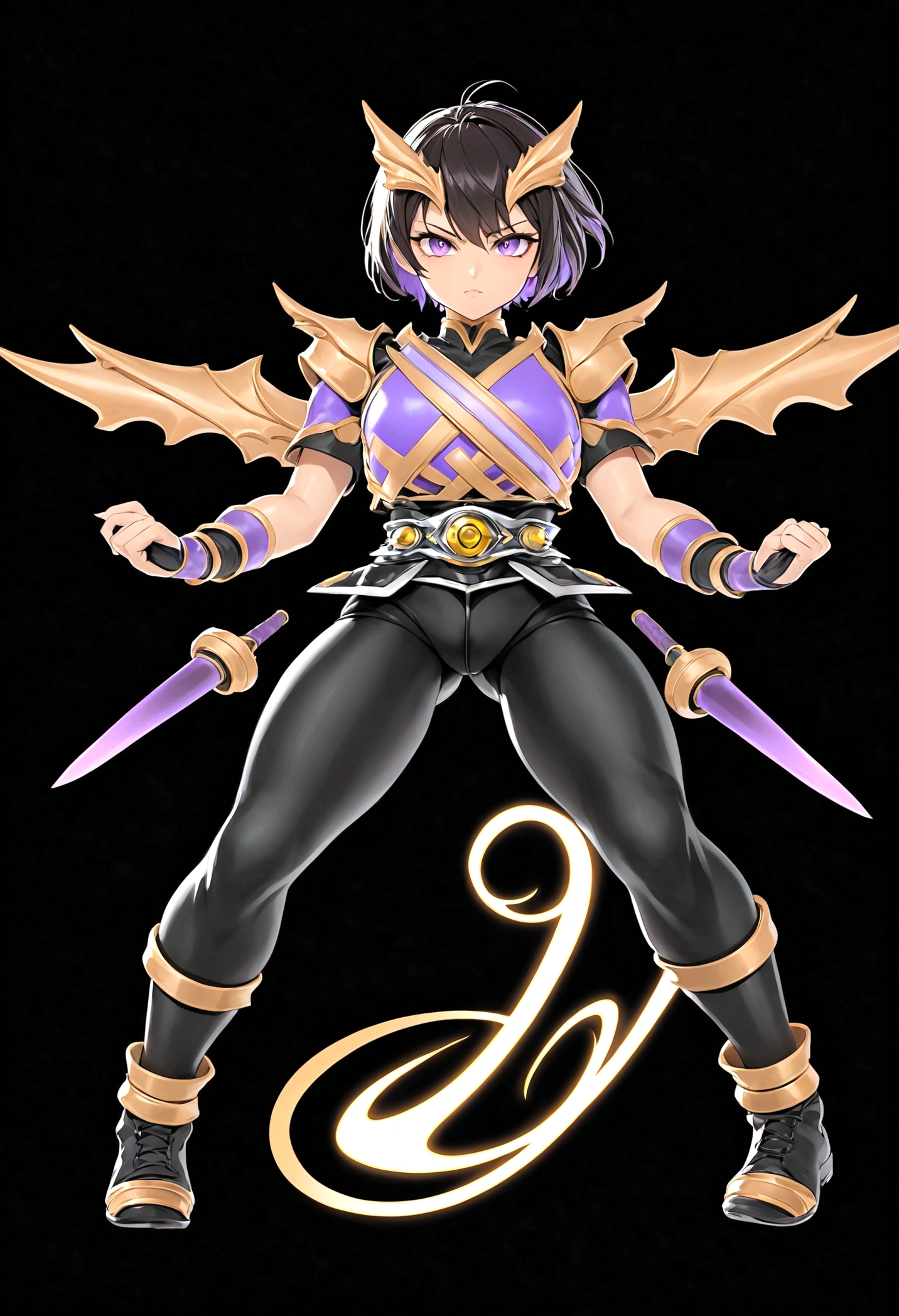 Tomboy, Smart, Beautiful, Strong, Sharp Eyes, Purple glowing eyes, Black Short Hair.