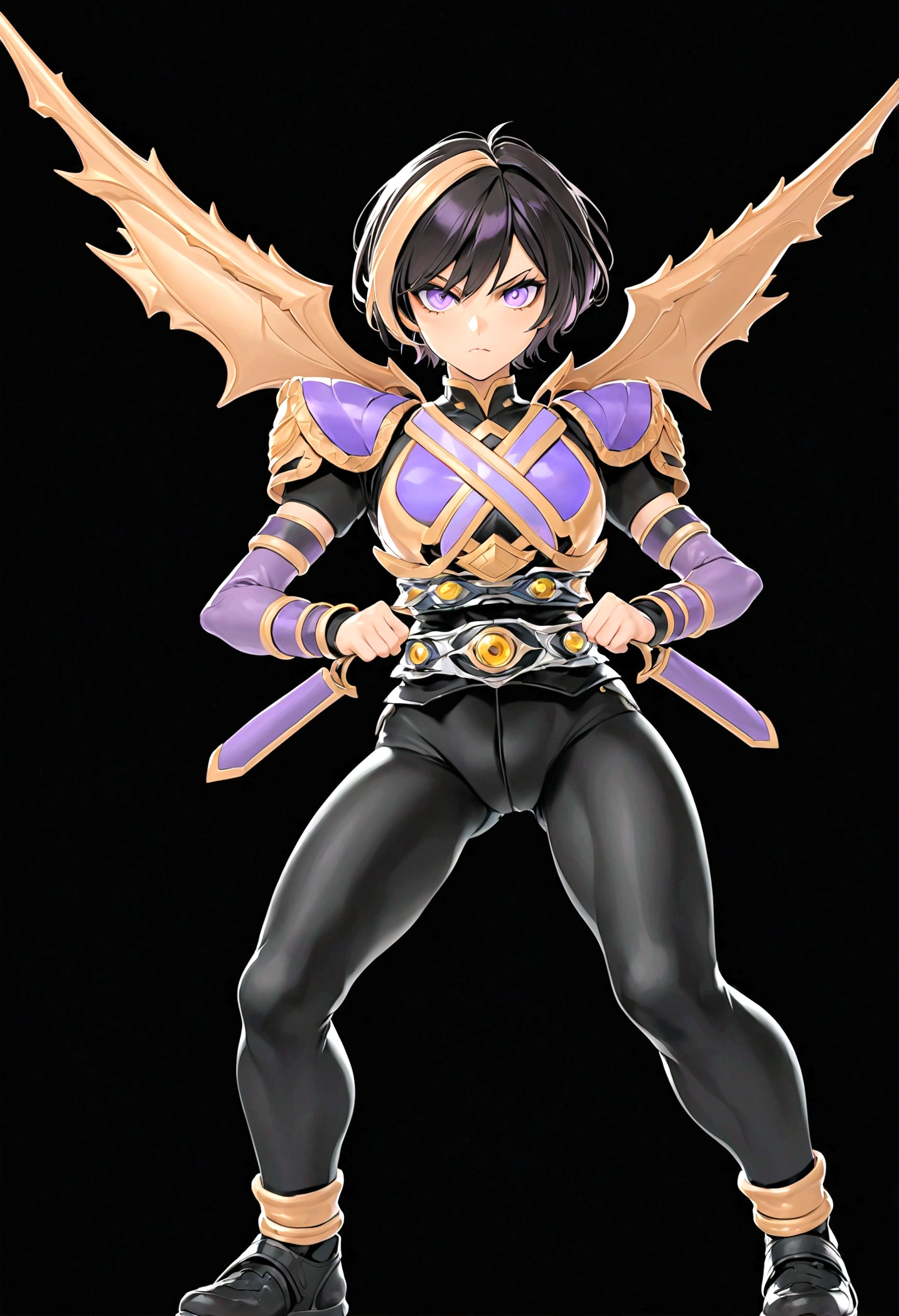Tomboy, Smart, Beautiful, Strong, Sharp Eyes, Purple glowing eyes, Black Short Hair.