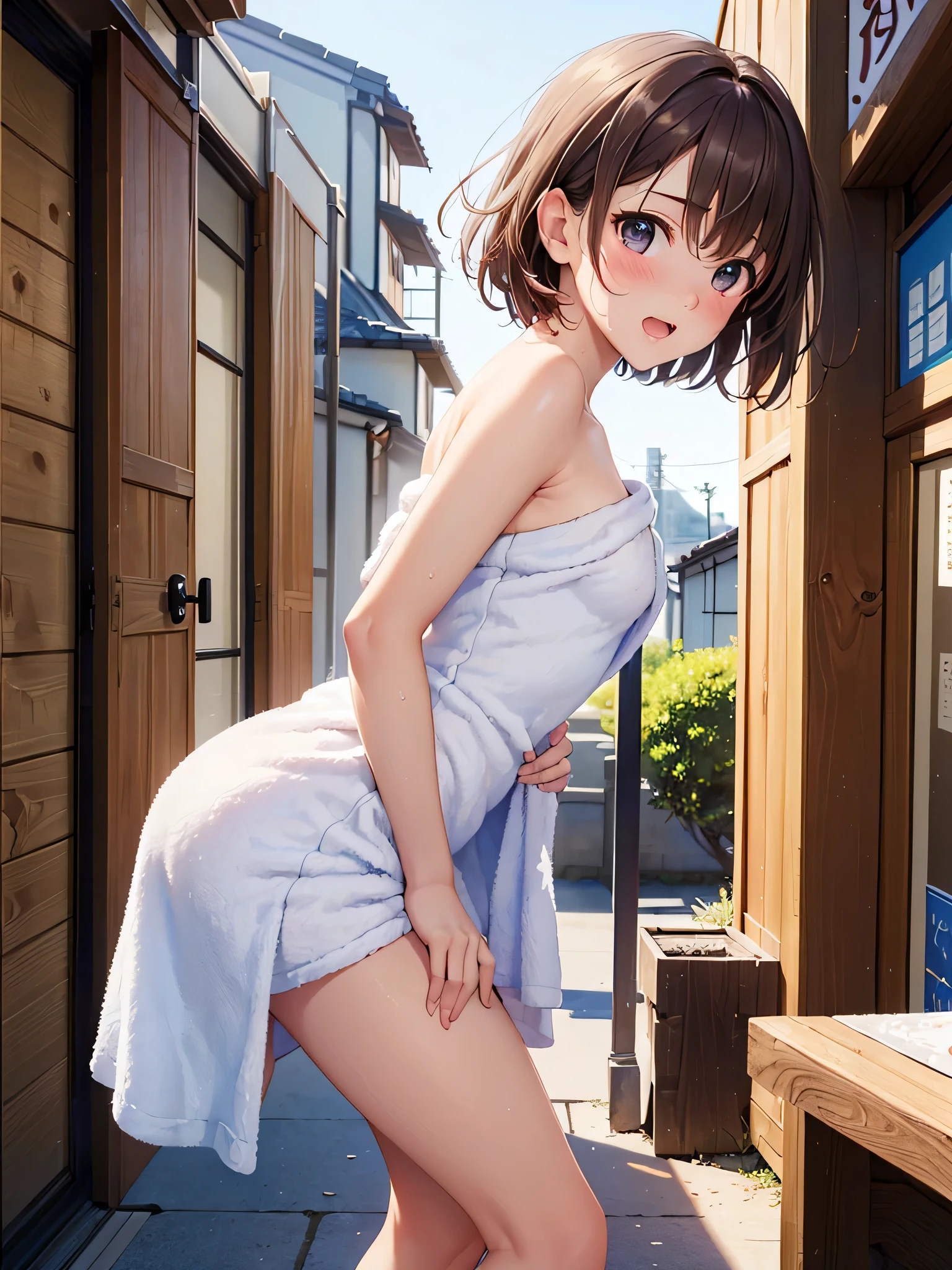(​masterpiece:2.0), (top-quality:2.0), (white Tube top extremely short length dress made by towel:1.5), (view from the side:1.5), (perfect exposed shoulders:1.5), (perfect exposed nape:1.5), (super sexypose:1.5), (blushed face:1.3), (barechested:1.3), (realistic:1.5), 1 , precise small hands, Embarrassed look, Look at me and embarrassed face, Open mouth, extremely cute girl, innocent face, young face, Clear eyes, Shining eyes, shoulder is visible, small breast, thigh is visible, No pubic hair, dynamic posing, The beautiful skin, ultra-definition, Top resolution, japan high school student, brown hair