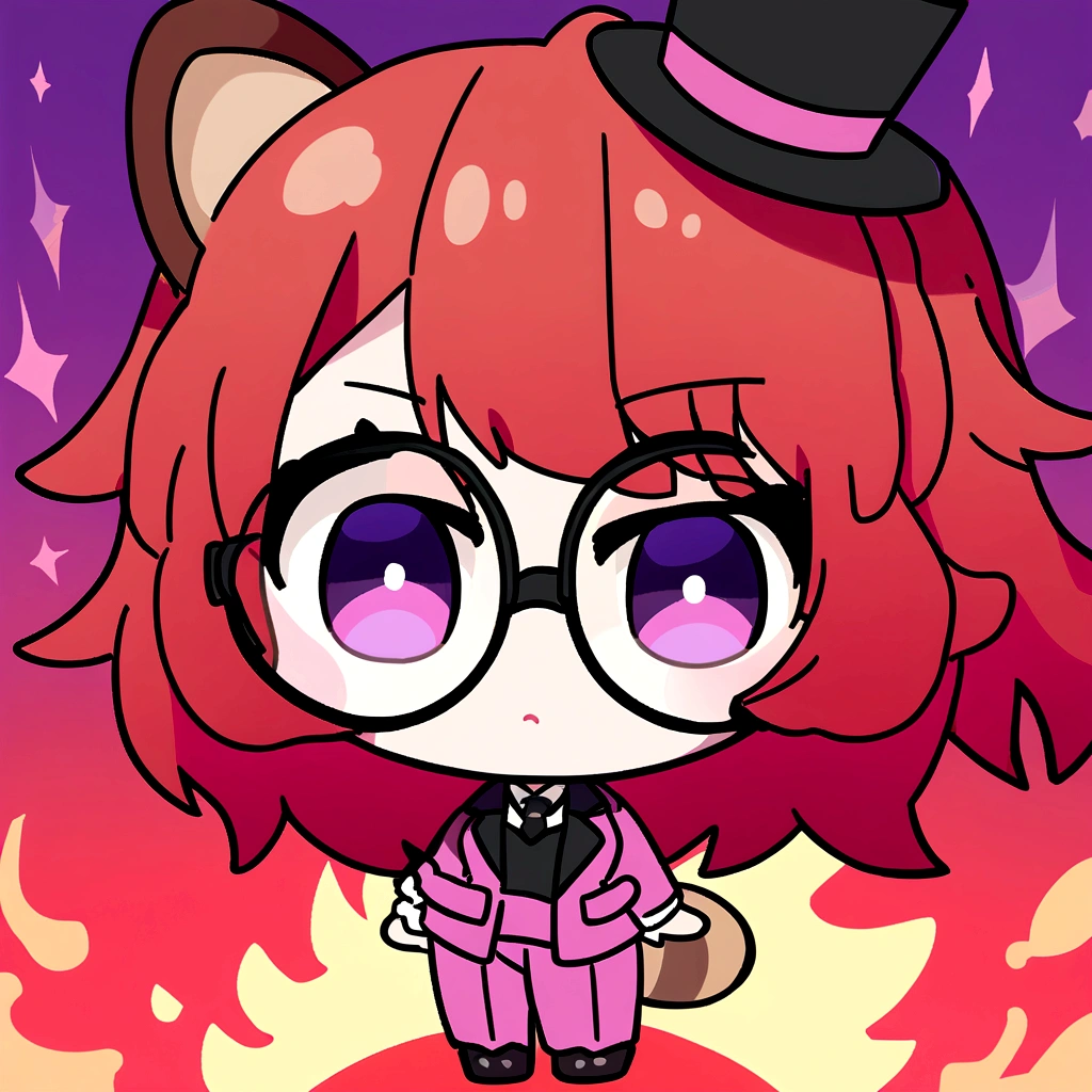 Girl, short and messy hair, red hair with blue tips, she wears a short black top hat, round glasses, big purple eyes, she has raccoon ears and a raccoon tail. She wears a pink suit and loose purple pants, style: anime chibi