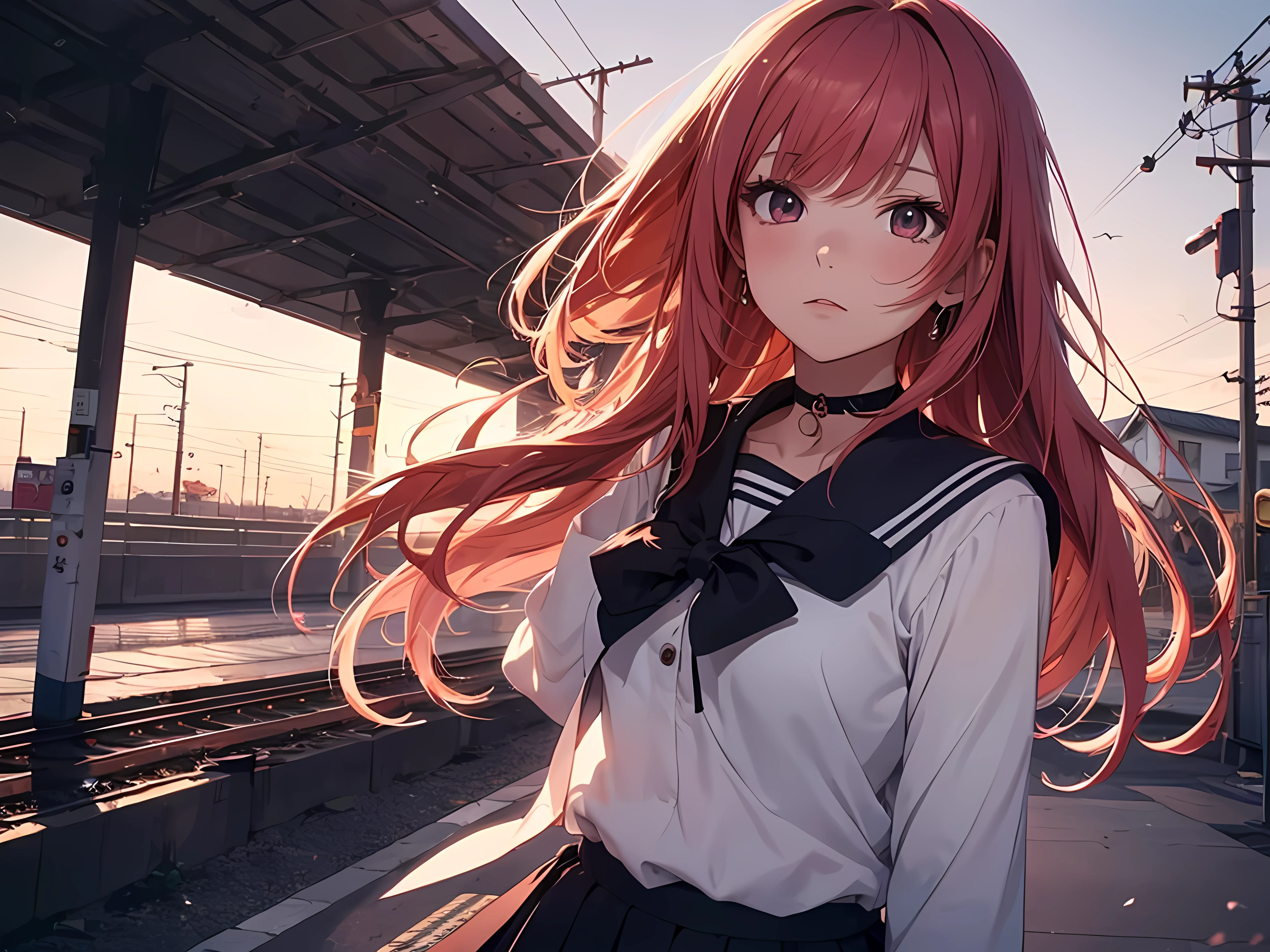 beautiful young woman, anime style, detailed face, red hair, hair down, large eyes, pink eyes, delicate features, soft lighting, blush, wearing a choker, sailor uniform, windy day, skirt being blown by wind, holding skirt down with both hands, desperate expression, train platform, detailed background, Japanese anime style, hand-drawn, high quality, highly detailed, 8k resolution, cinematic lighting, best quality, vibrant colors