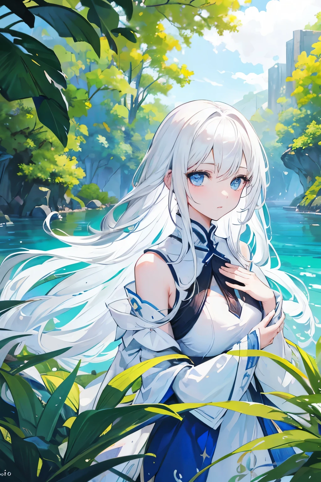 Girl, full calidad, white hair, long hair, blue eyes, shine eyes, vegetation. Water. Beauty.