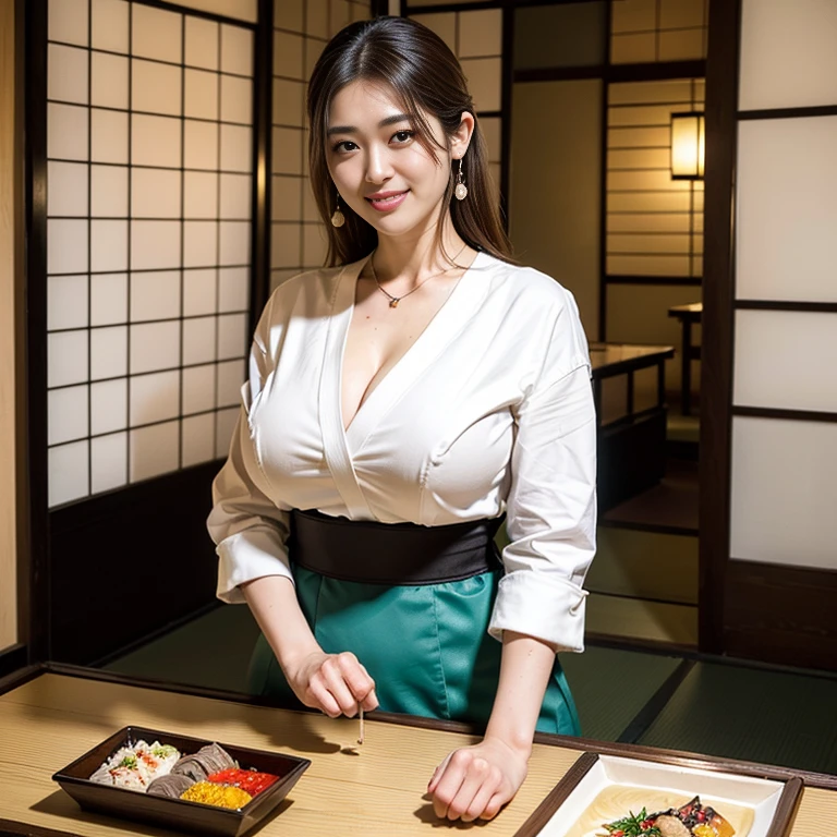 (Extreme Wide Shot:1.3),(Japanese woman:1.3),(huge breasts:1.5),(Slim waist:1.3),(v-neck shirt:1.2),(Thin eyebrows),(smile:1.3),(dark skin:1.3),heavy makeup:1.3, necklace,Earrings,(traditional Japanese restaurant:1.4),(Outside the sliding doors is a Japanese garden:1.3),highest quality,(((masterpiece))),8k,(((Photorealistic))),(light brown hair:1.3),