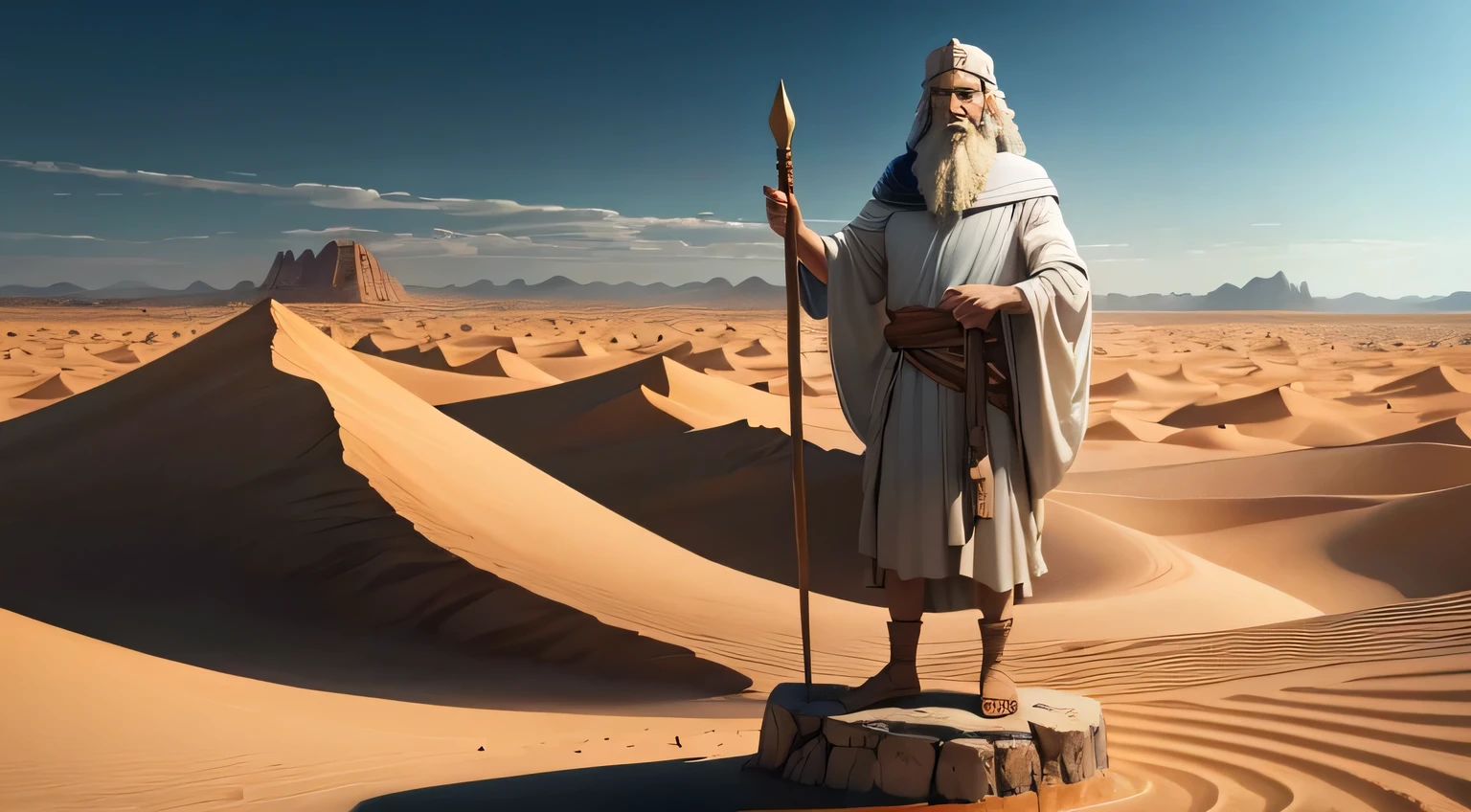 Moses from the Bible holding a wooden staff, imagem bem realista, ultra detalhada, perto de um rio, ambiente que se assemelhe a um deserto