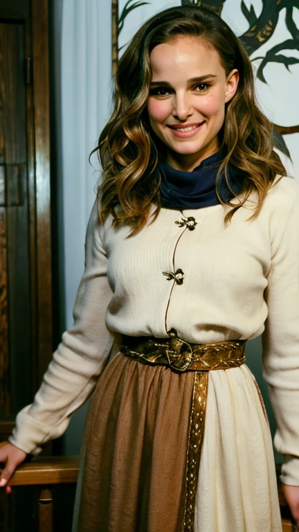 Natalie Portman with wavy hair dressed in traditional Nordic clothing and a sexy smile.