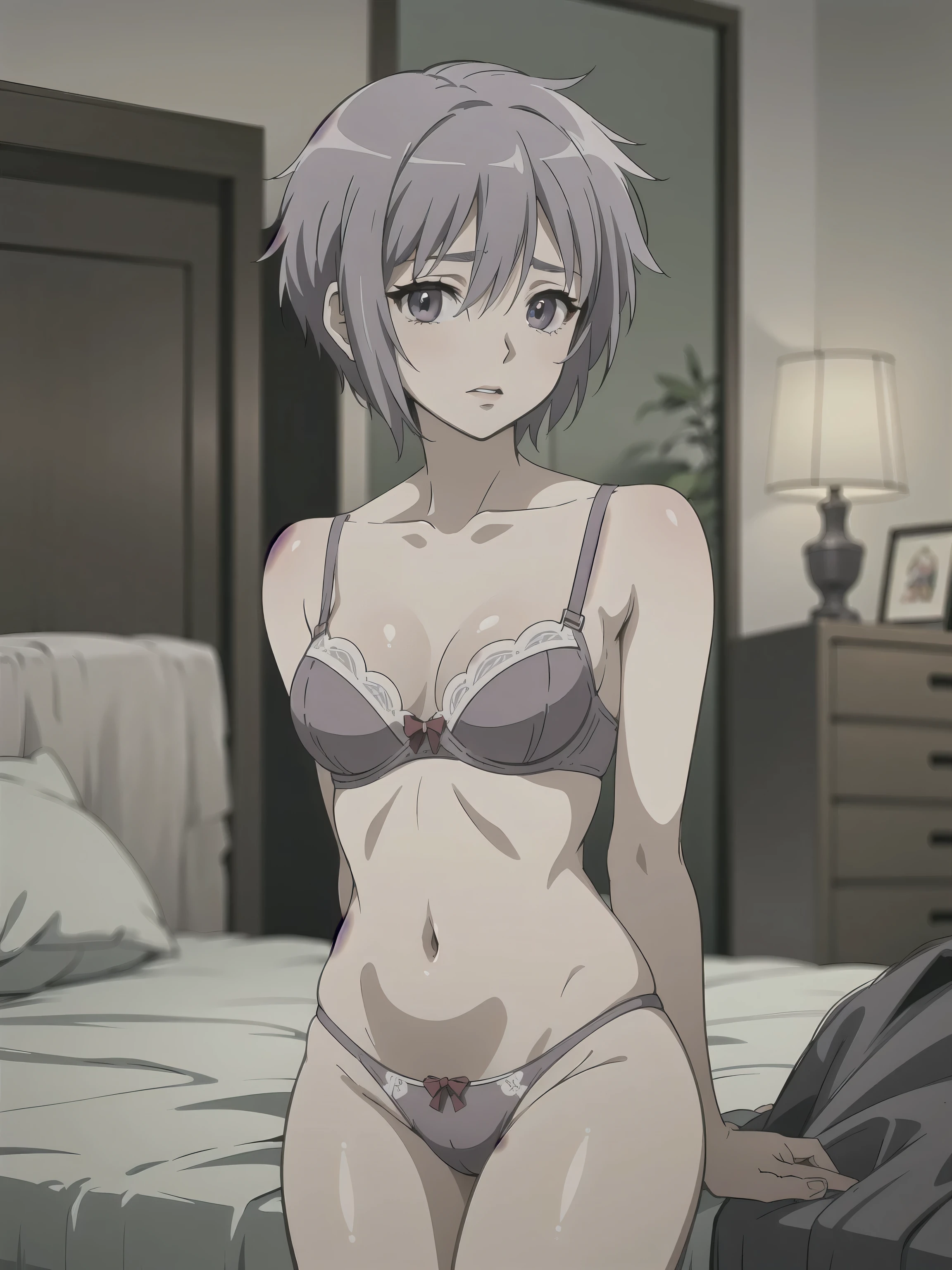 (A superb exquisite yuki nagato), (yuki nagato:1.5), brown eyes, brown hair, natural straight hair, solo, nature, extremely delicate, straight facial features, peerless beautiful girl, soft, (sensual face), ((ecchi face)), dreamy quality, exaggerated facial features, solid color, frank holly, delicate face, bright lips, slender waist, soft curves, real light and shadow, super fine, 4k, natural moving, Ultra high resolution, (masterpiece:1.2, best quality), (finely detailed beautiful eyes: 1.2), (beautiful detailed face), sexy nude model, sexy pose, (medium chest), (Perfect Body Proportions), (bedroom), Mekosuji, Spread your legs a little and show off your crotch, bra & panties,