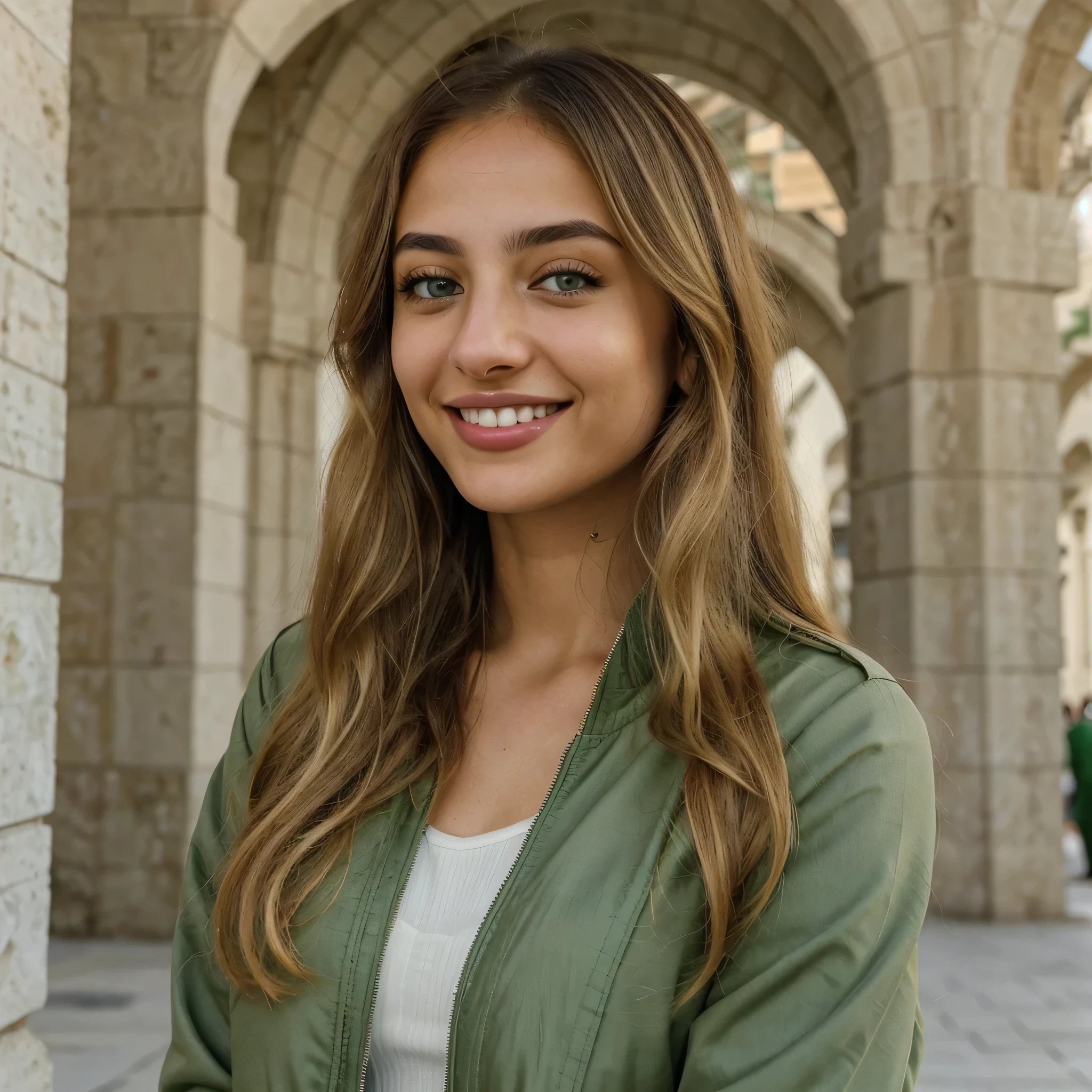 one cute women, 24YO, Arab, Palestinian, realistic light green eyes, green jacket, blonde/brown hair, cute smile, white realistic teethes, big eyes, long hair, no hands