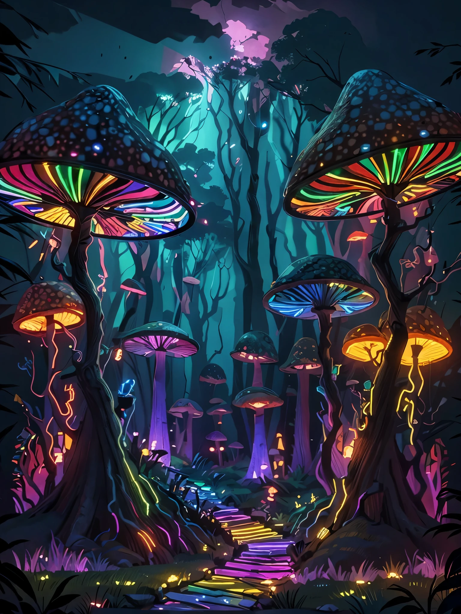 Fairy tail mushroom forest, breathtaking, stair path in the middle colourful neon art cyber saturation